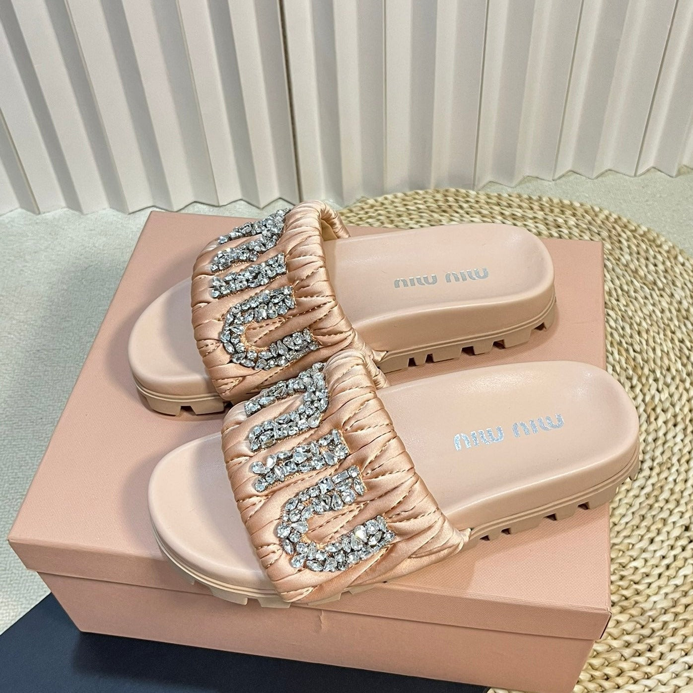 Pastel Pink Sheepskin Diamond Slippers - 35