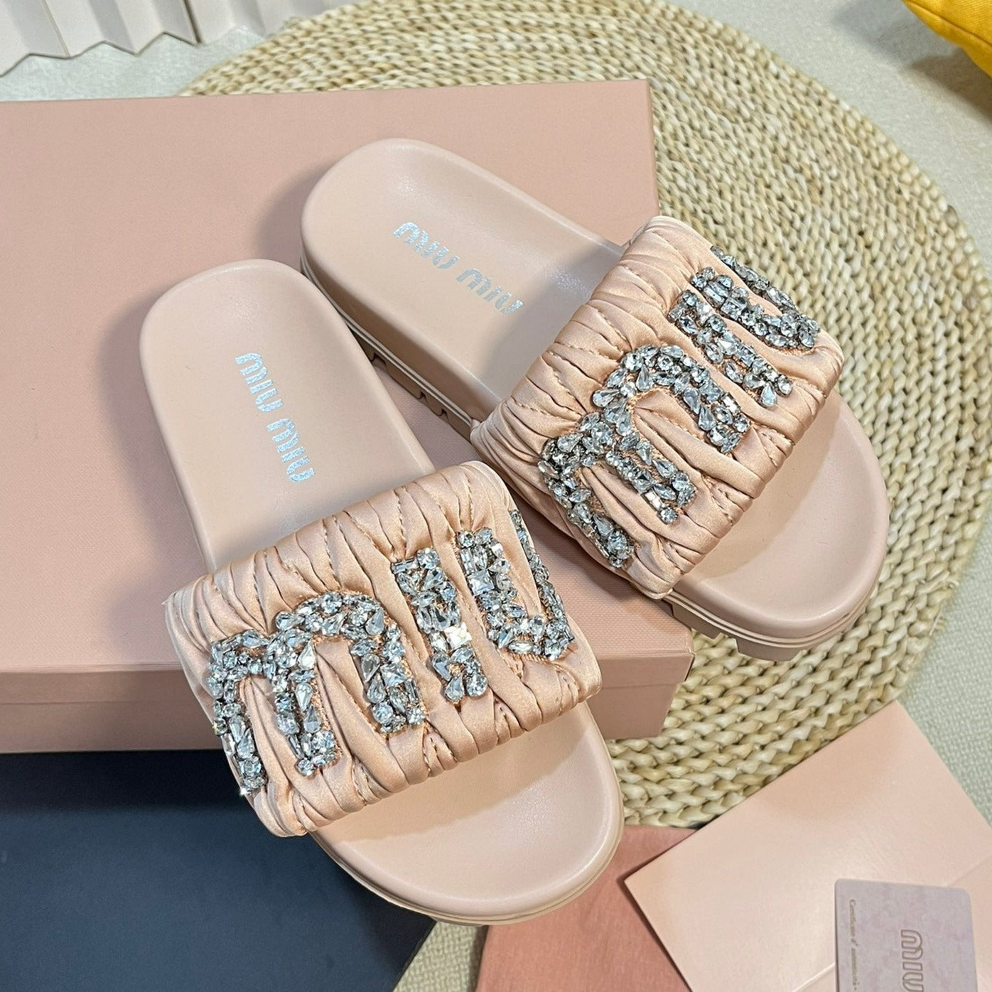 Pastel Pink Sheepskin Diamond Slippers - 35