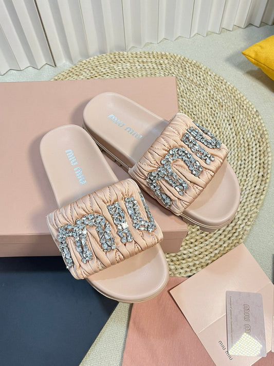 Pastel Pink Sheepskin Diamond Slippers - 35
