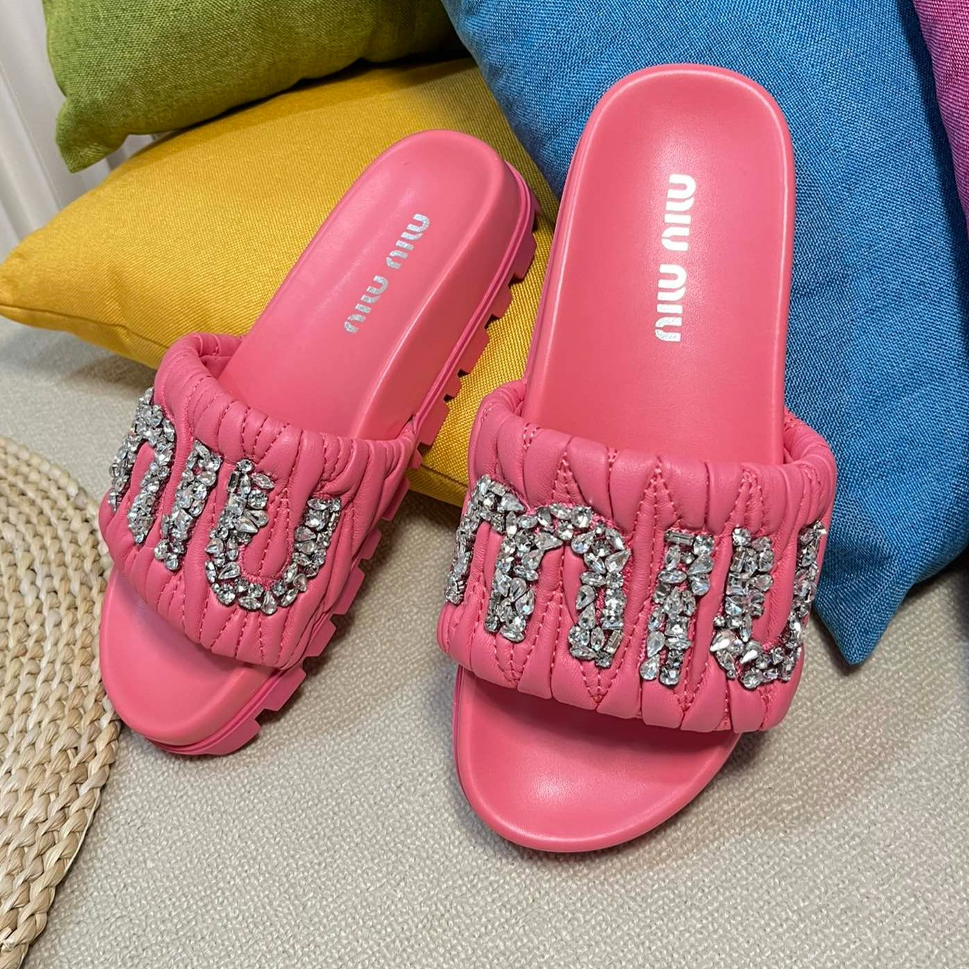 Neon Pink Sheepskin Diamond Slippers - 35