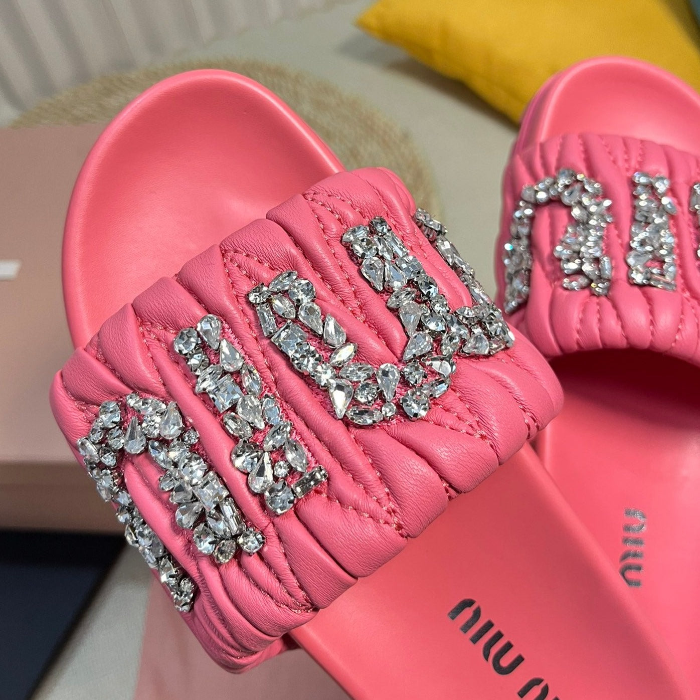 Neon Pink Sheepskin Diamond Slippers - 35