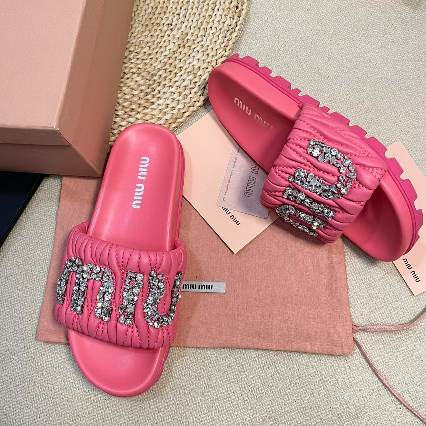 Neon Pink Sheepskin Diamond Slippers - 35