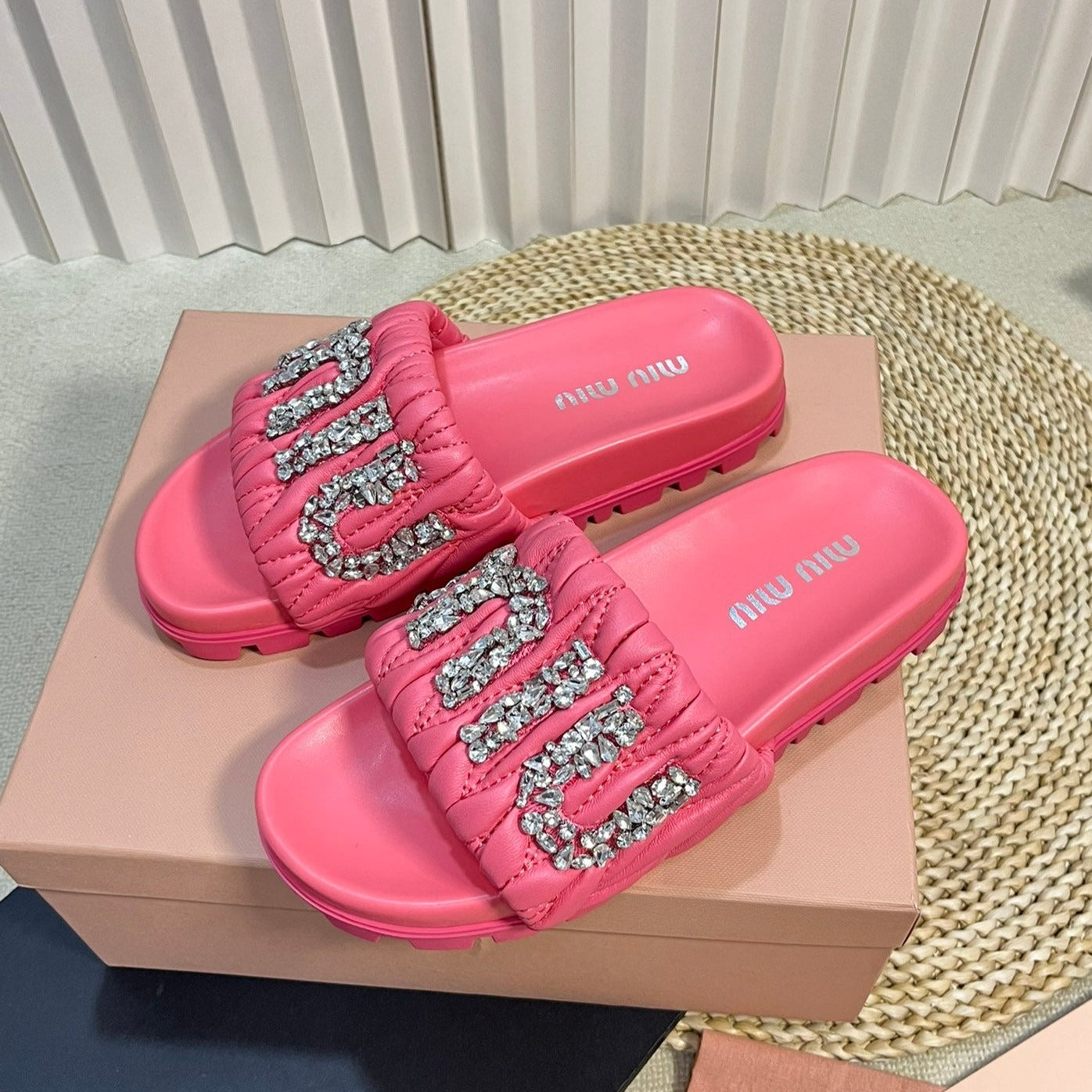 Neon Pink Sheepskin Diamond Slippers - 35