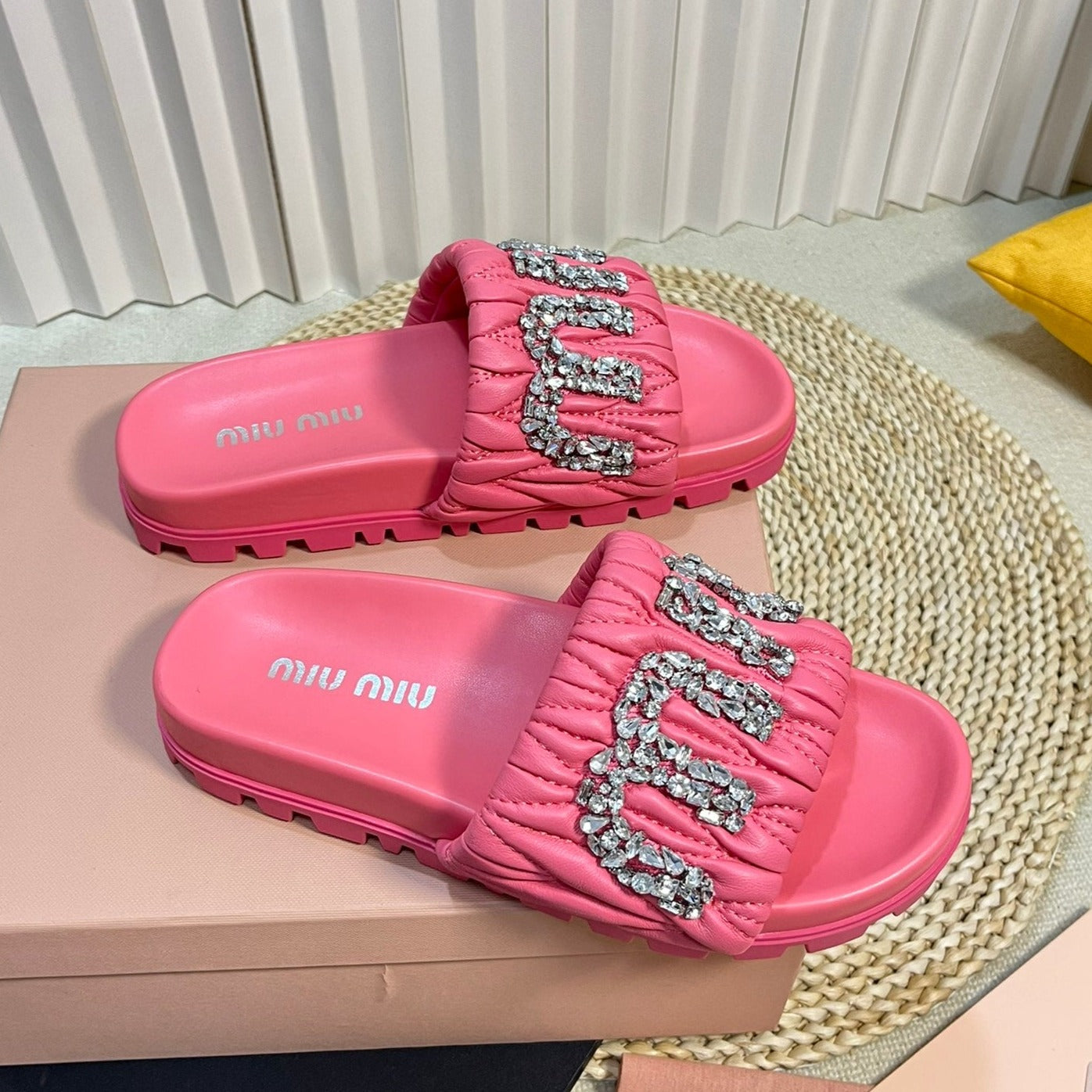 Neon Pink Sheepskin Diamond Slippers - 35