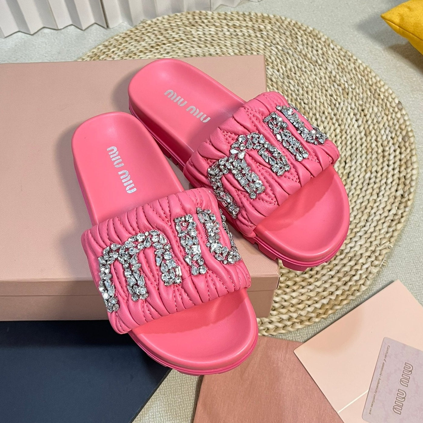 Neon Pink Sheepskin Diamond Slippers - 35