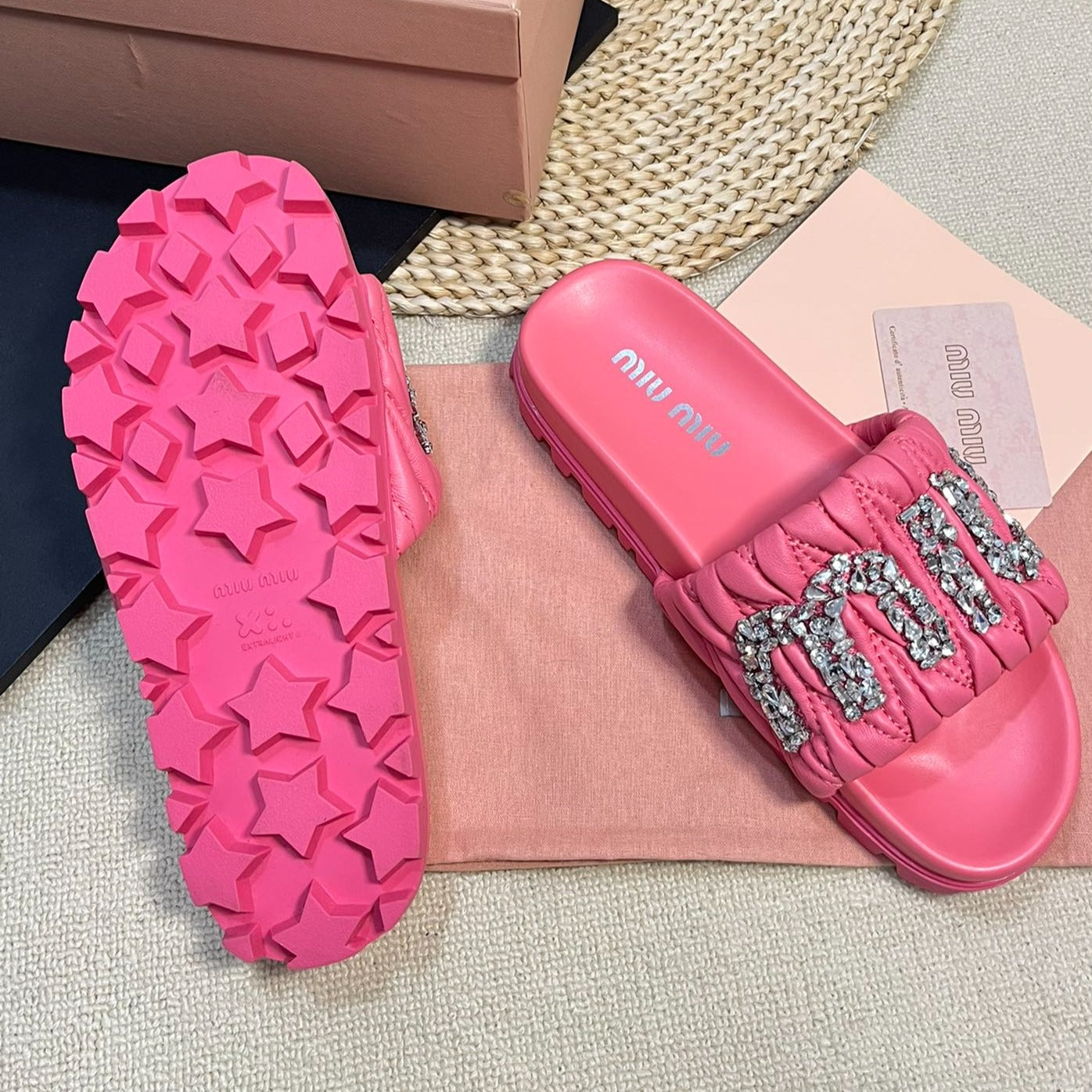 Neon Pink Sheepskin Diamond Slippers - 35