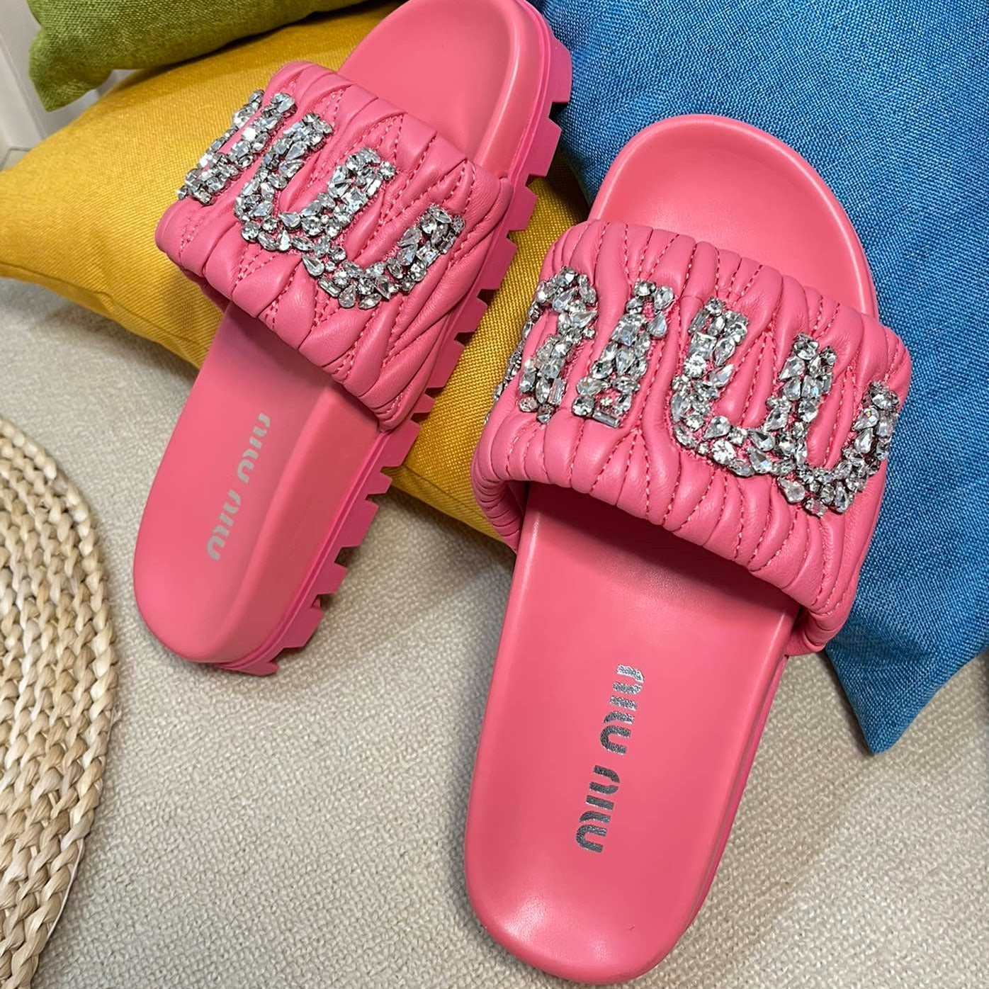 Neon Pink Sheepskin Diamond Slippers - 35