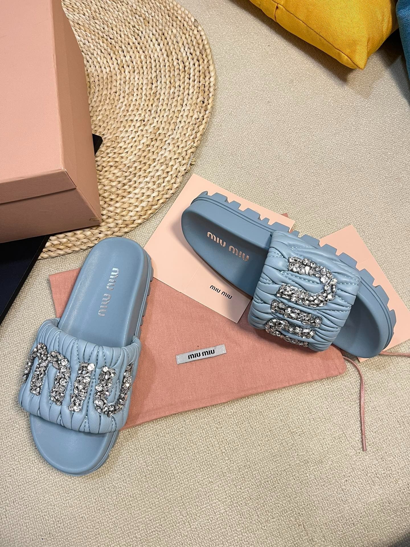 Sky Blue Sheepskin Diamond Slippers - 35