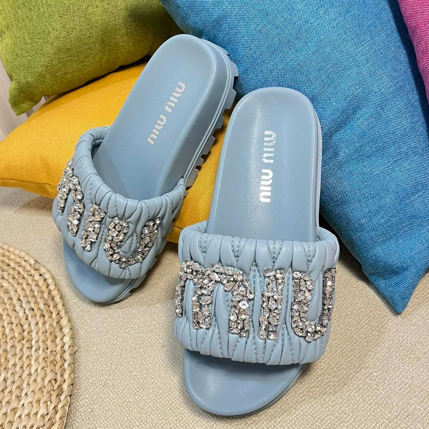 Sky Blue Sheepskin Diamond Slippers - 35
