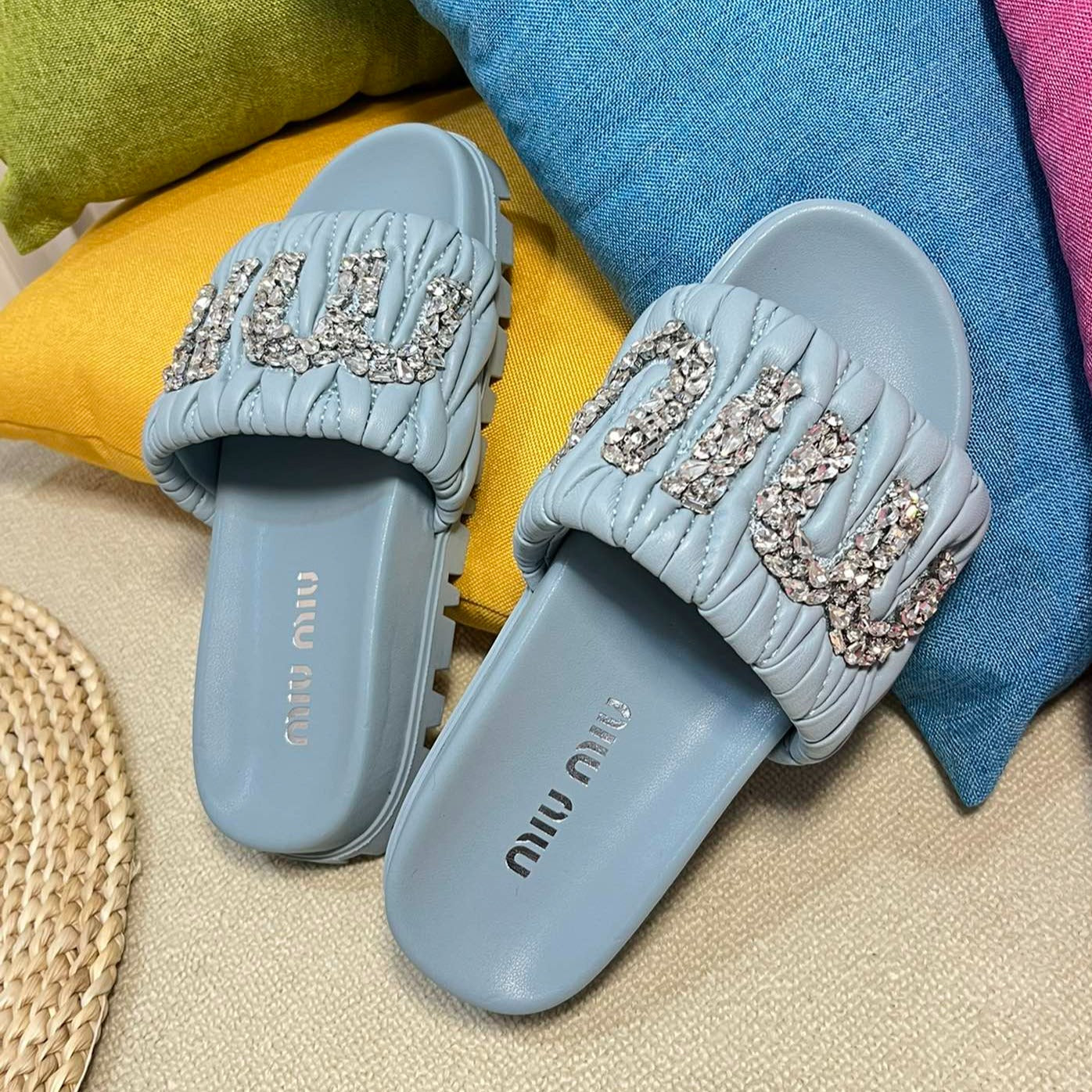 Sky Blue Sheepskin Diamond Slippers - 35