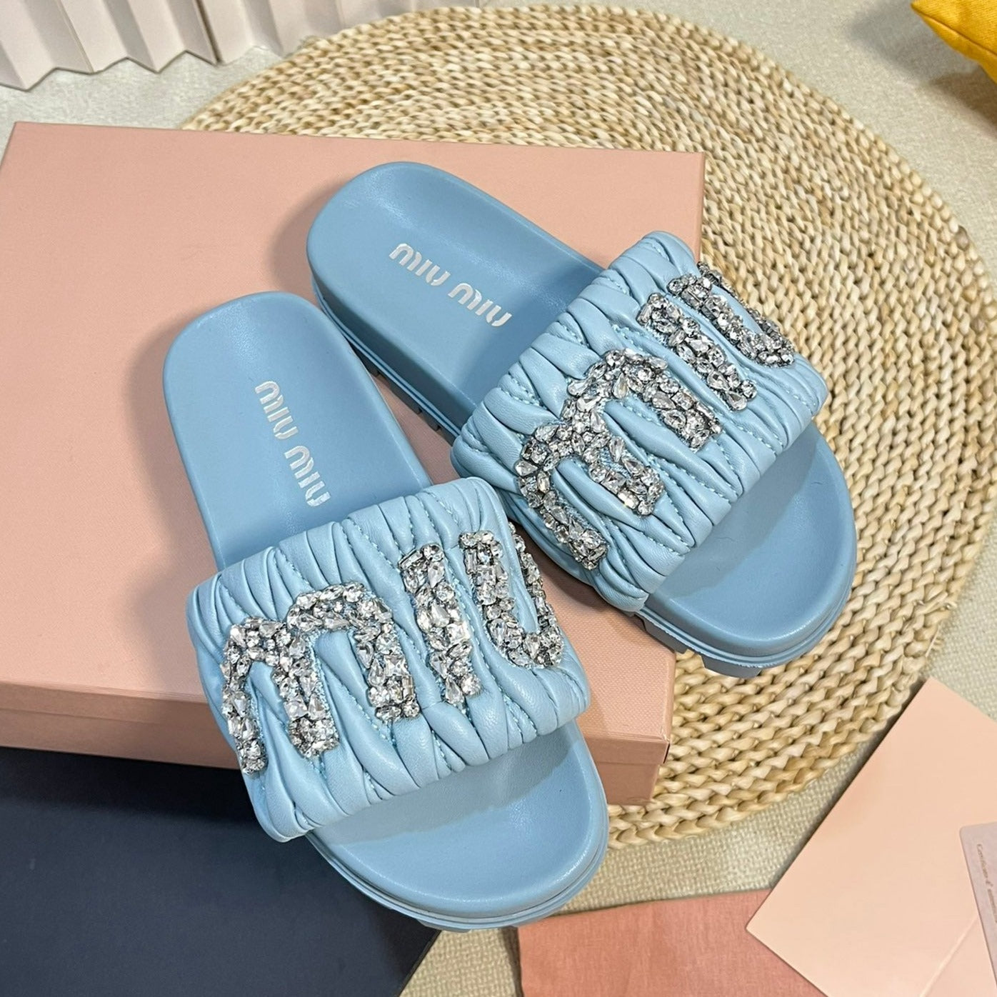 Sky Blue Sheepskin Diamond Slippers - 35