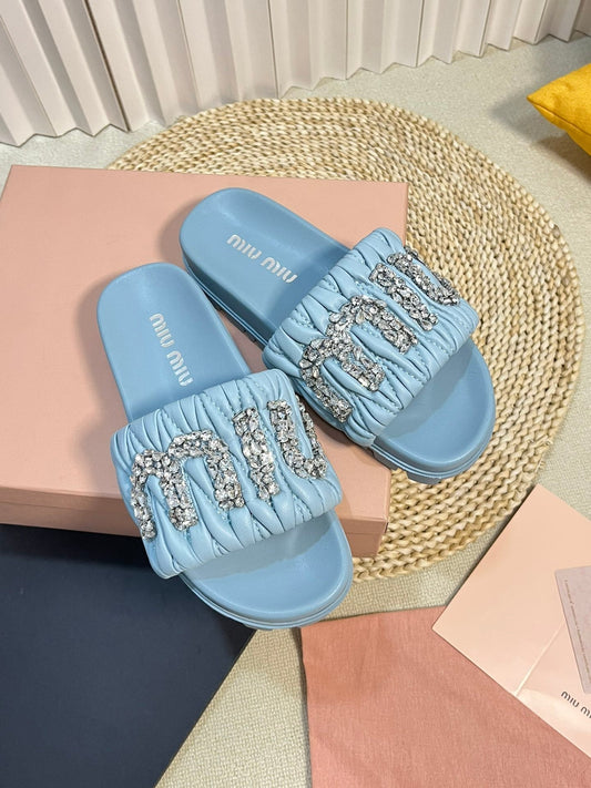 Sky Blue Sheepskin Diamond Slippers - 35
