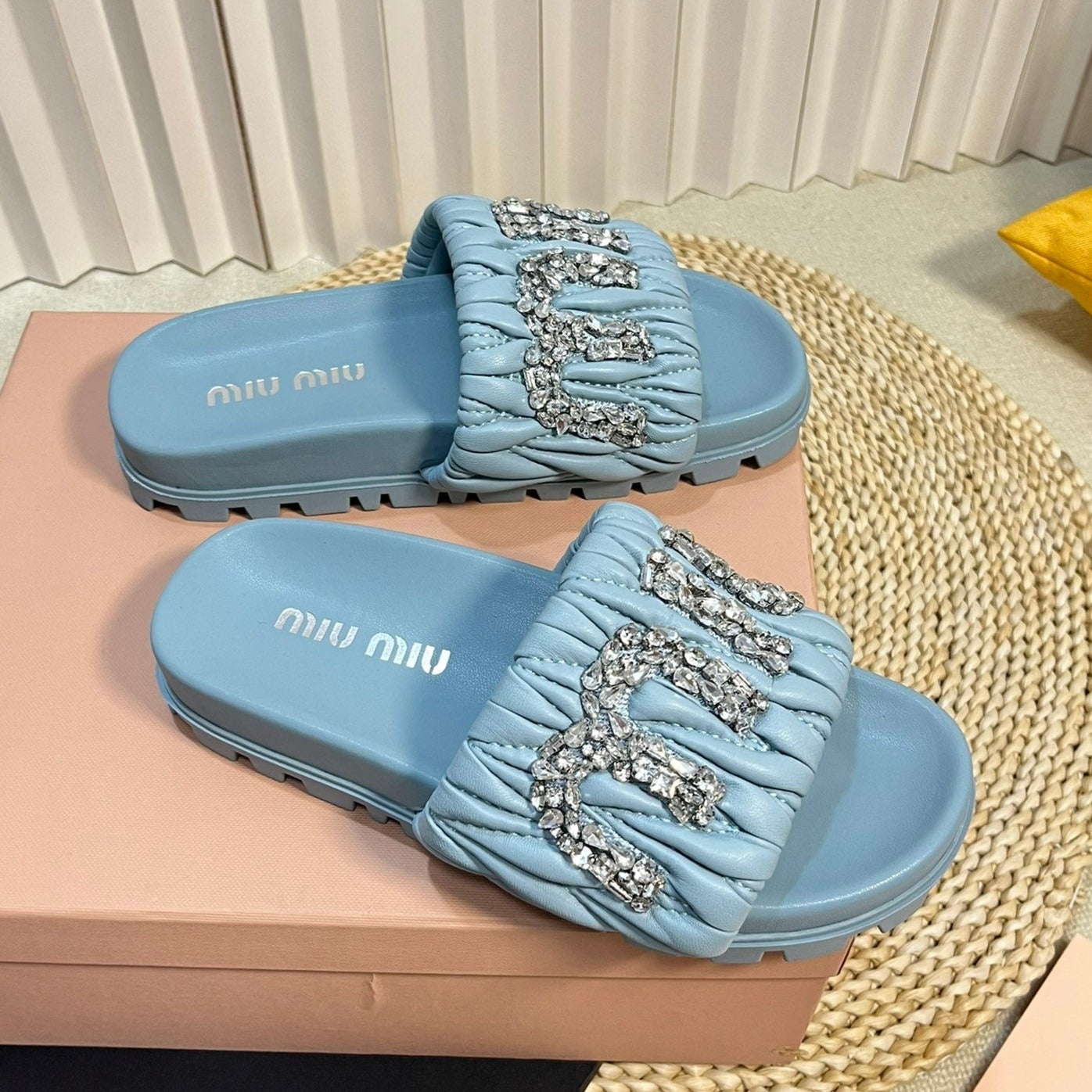 Sky Blue Sheepskin Diamond Slippers - 35