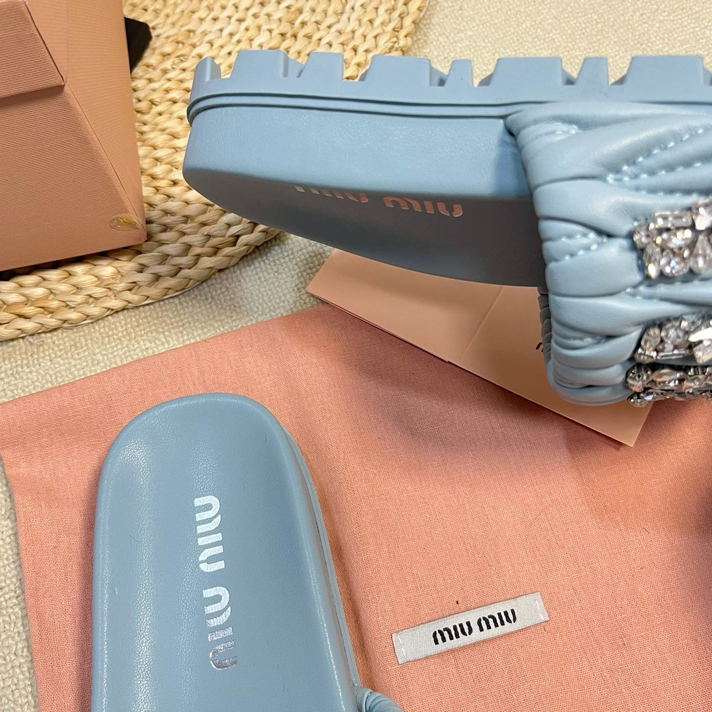 Sky Blue Sheepskin Diamond Slippers - 35