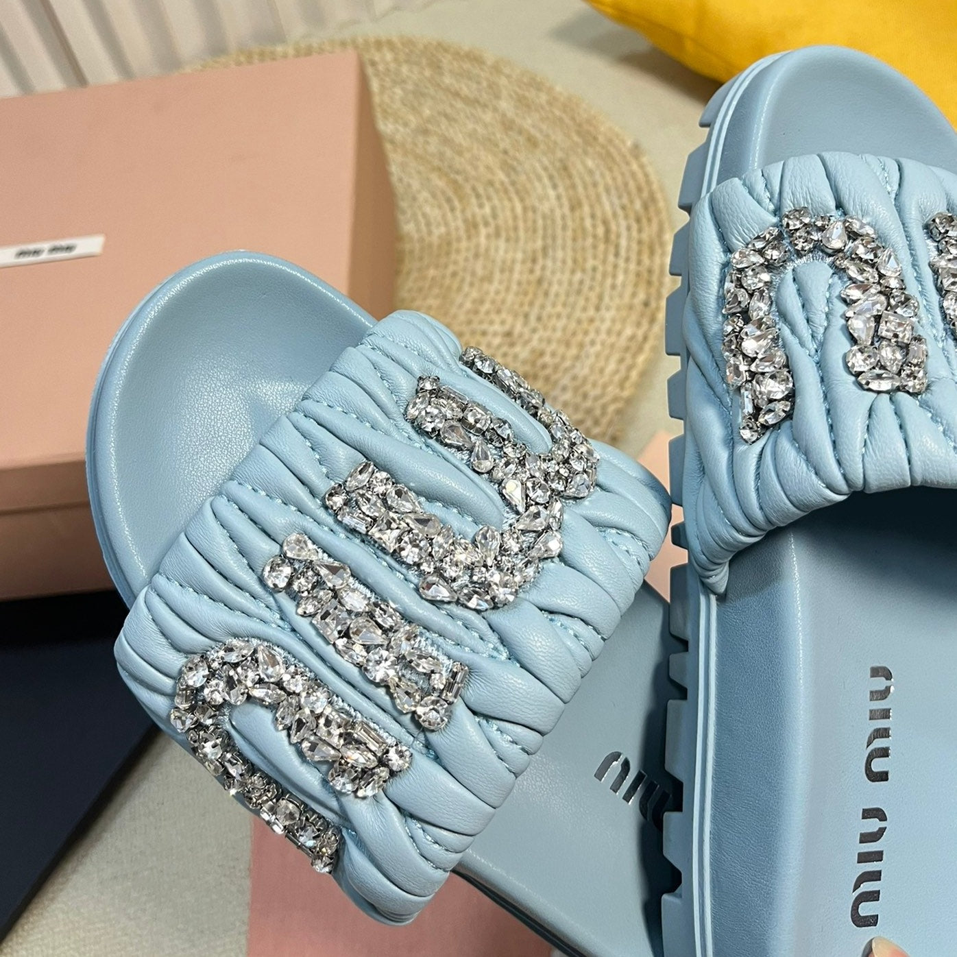 Sky Blue Sheepskin Diamond Slippers - 35