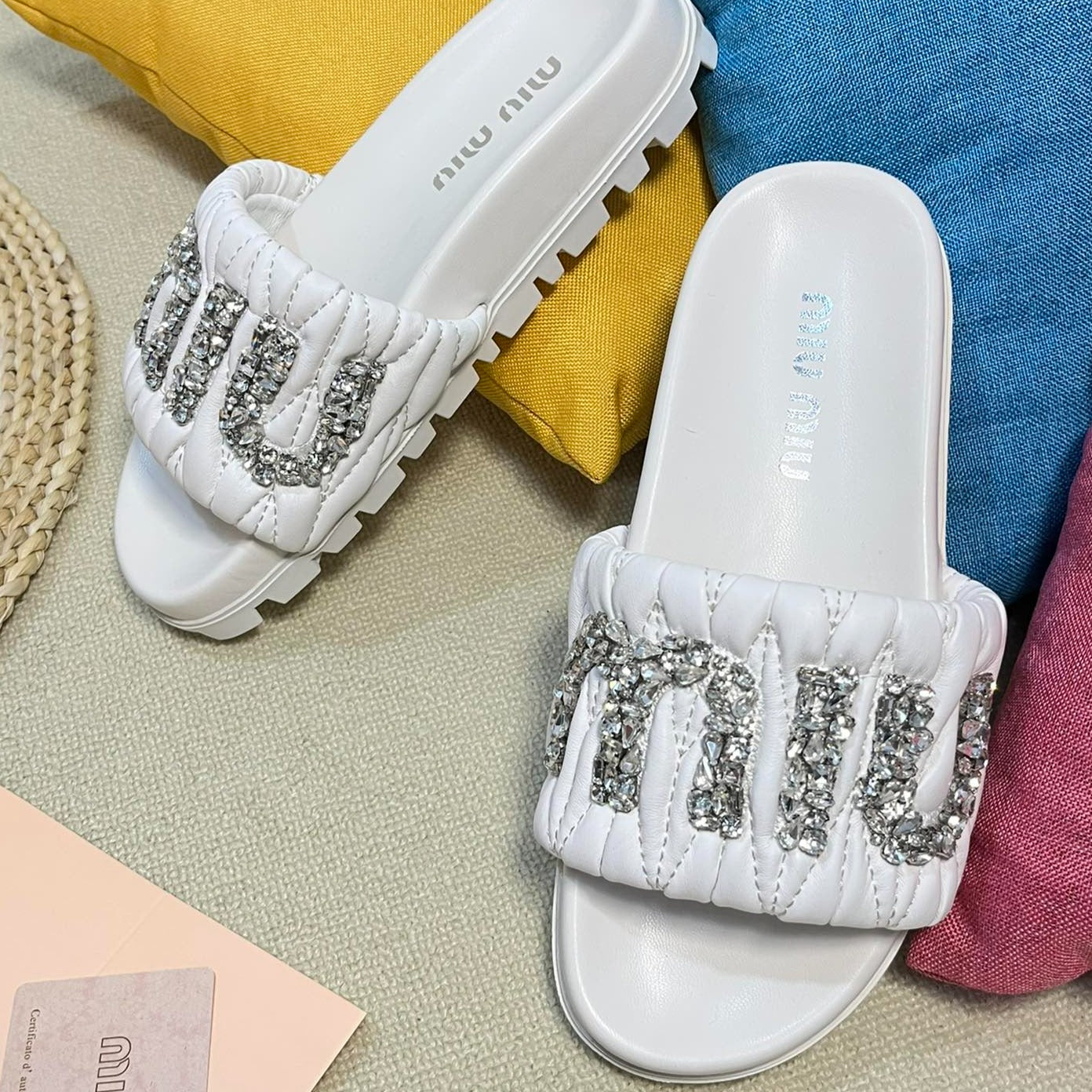 White Sheepskin Diamond Slippers - 35
