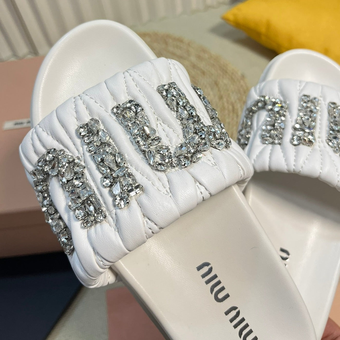 White Sheepskin Diamond Slippers - 35