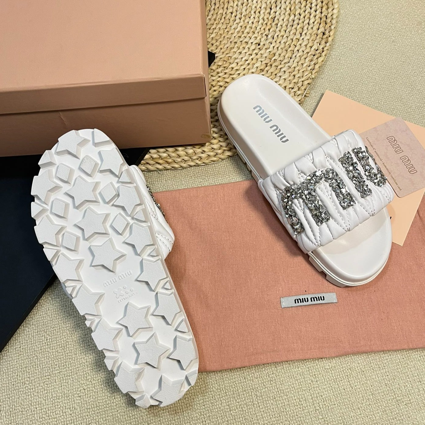White Sheepskin Diamond Slippers - 35