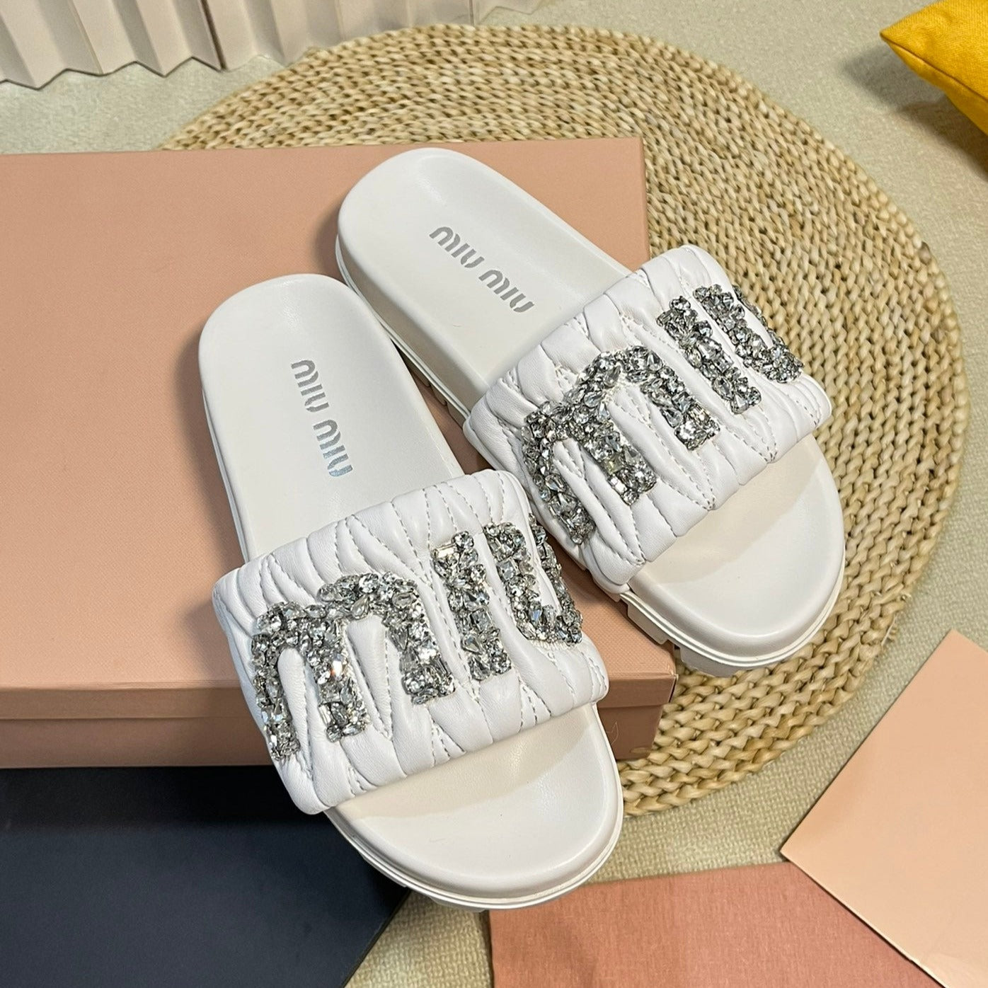 White Sheepskin Diamond Slippers - 35