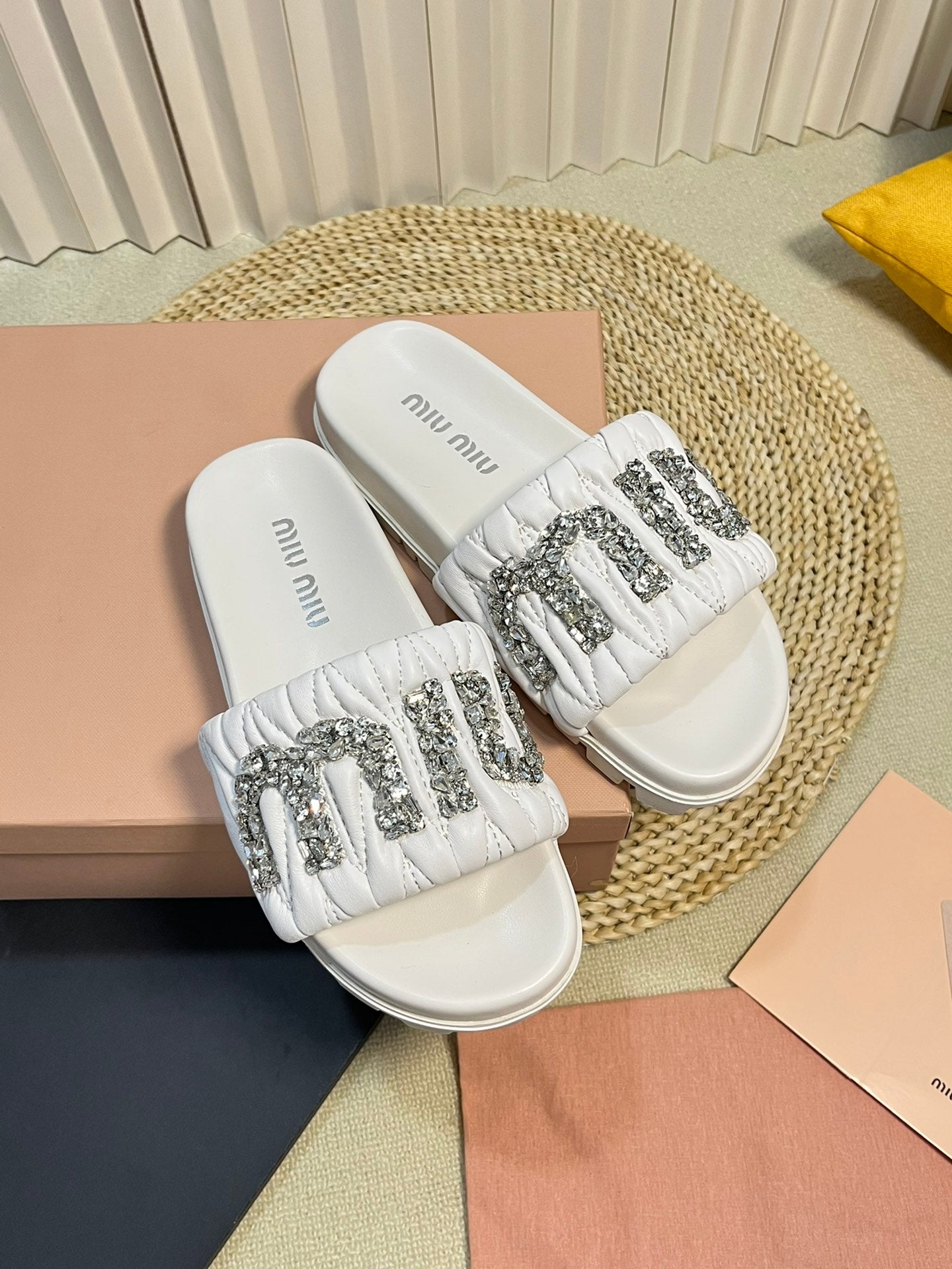 White Sheepskin Diamond Slippers - 35