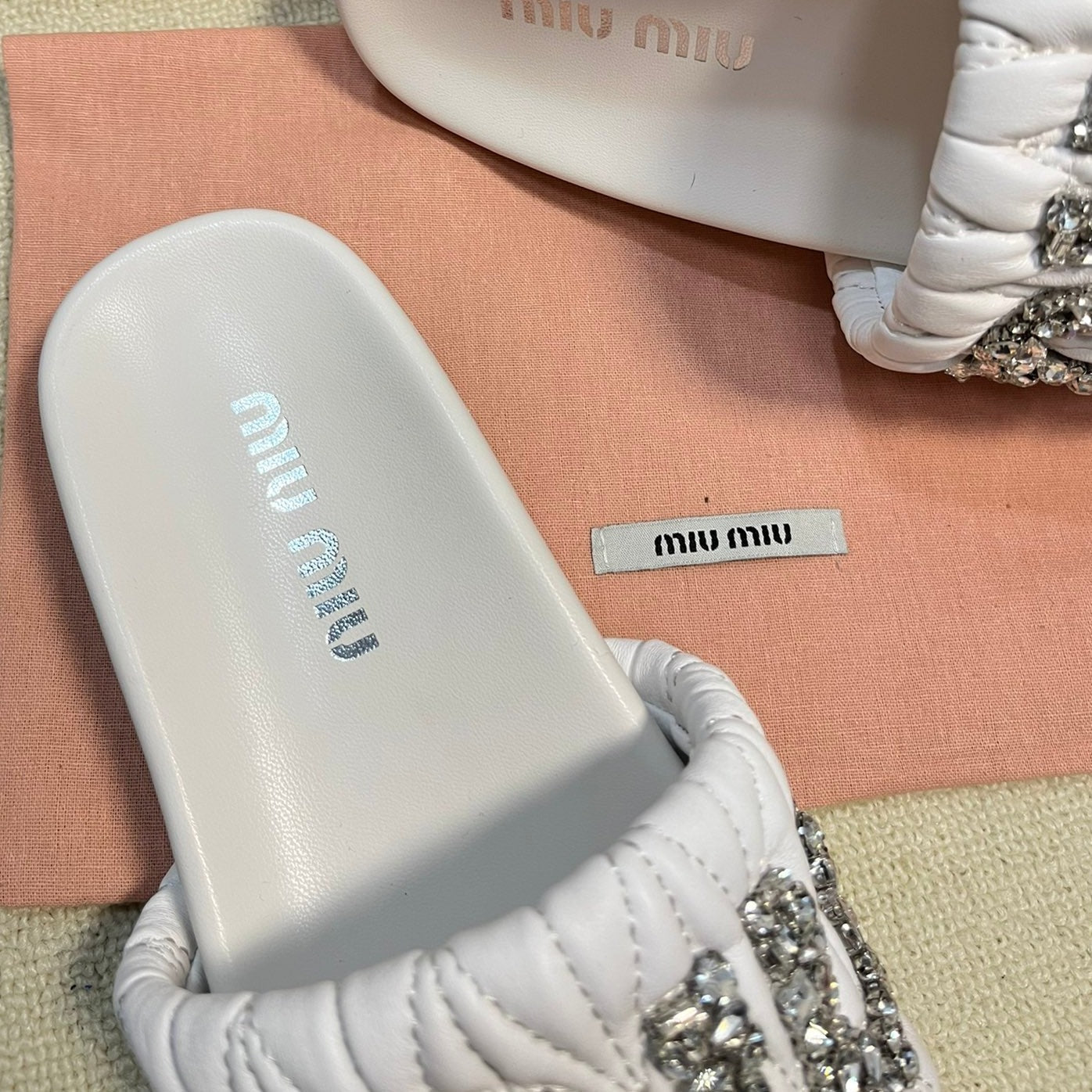 White Sheepskin Diamond Slippers - 35