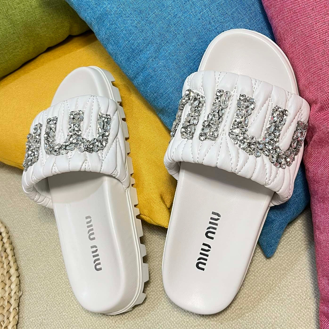 White Sheepskin Diamond Slippers - 35