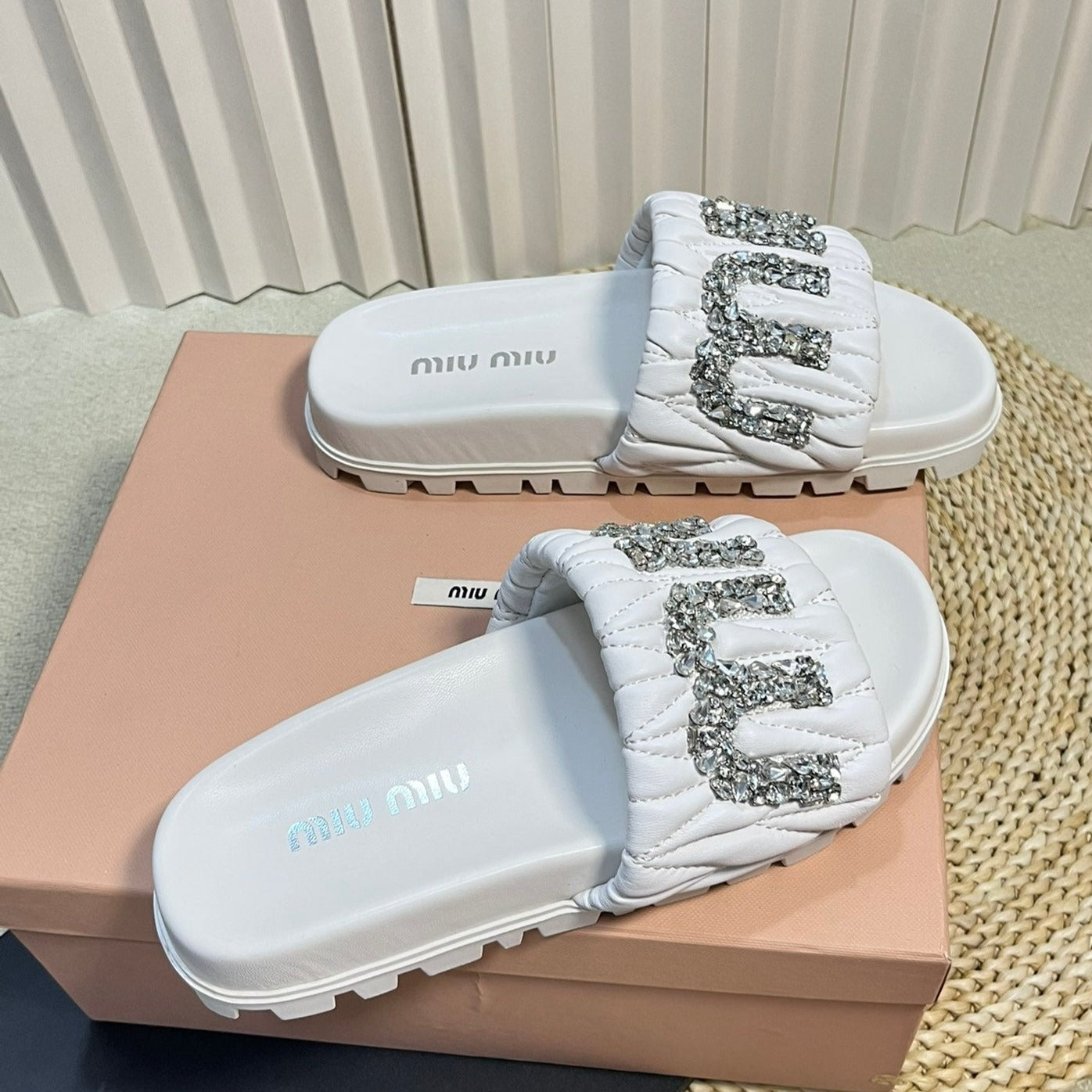 White Sheepskin Diamond Slippers - 35
