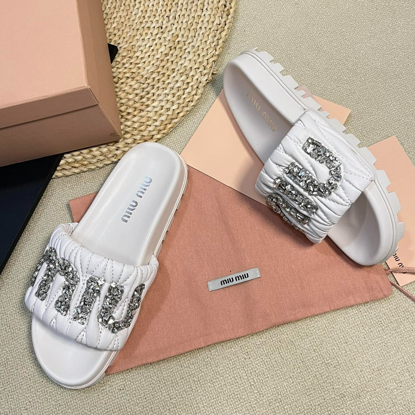 White Sheepskin Diamond Slippers - 35