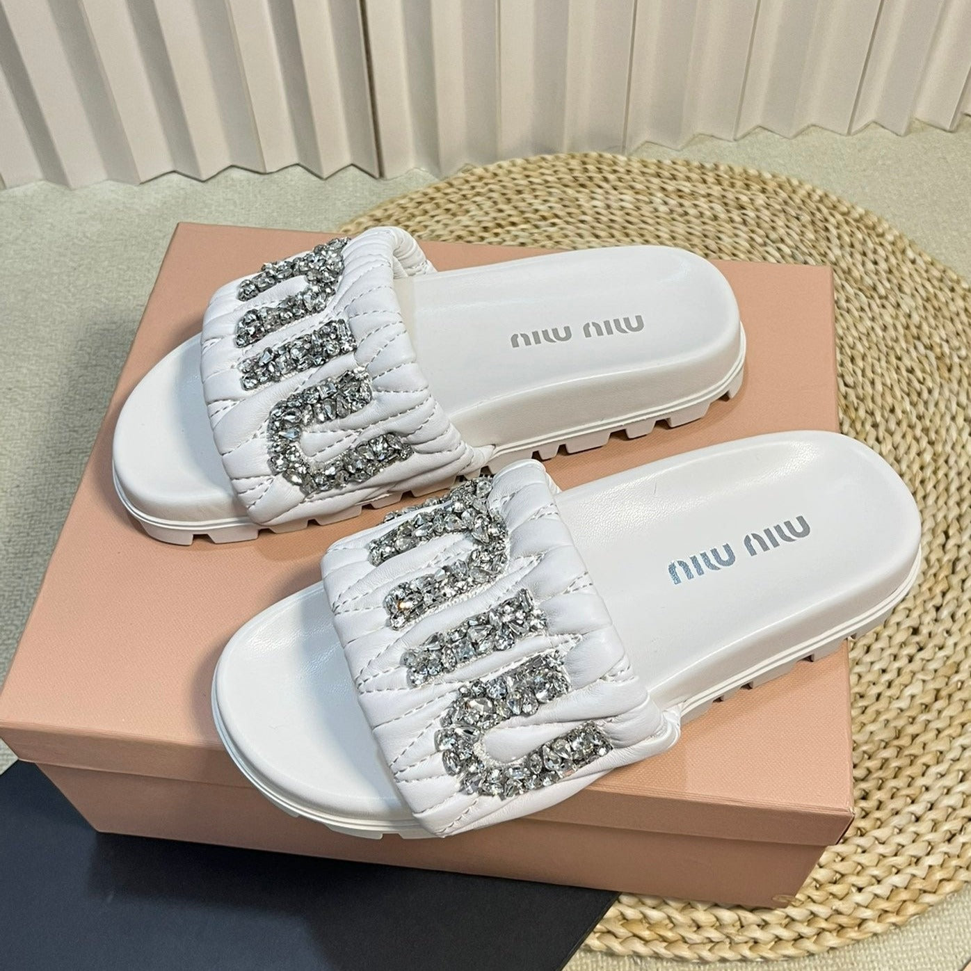 White Sheepskin Diamond Slippers - 35