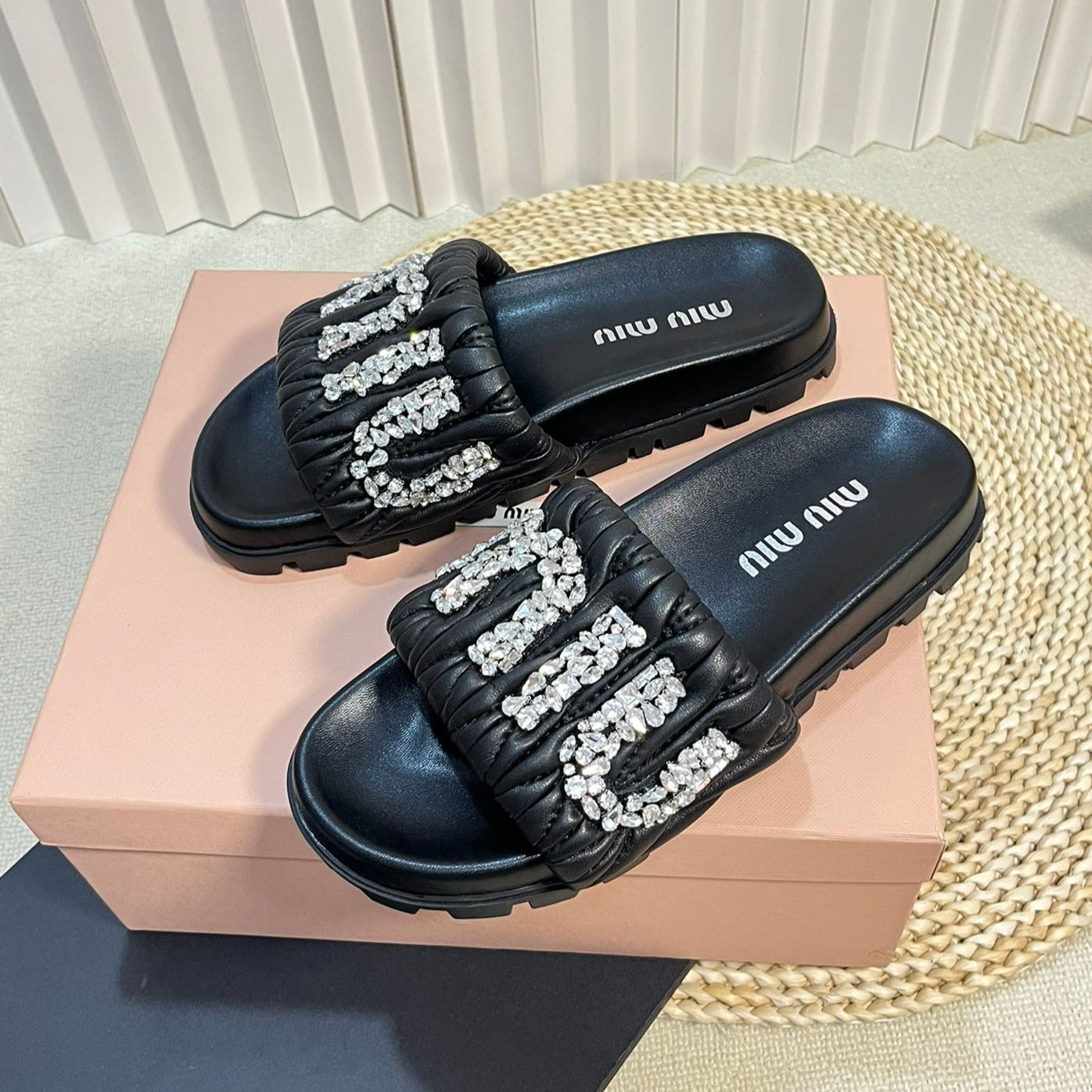 Black Sheepskin Diamond Slippers - 35