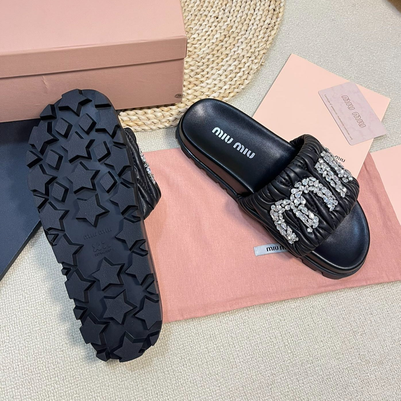 Black Sheepskin Diamond Slippers - 35