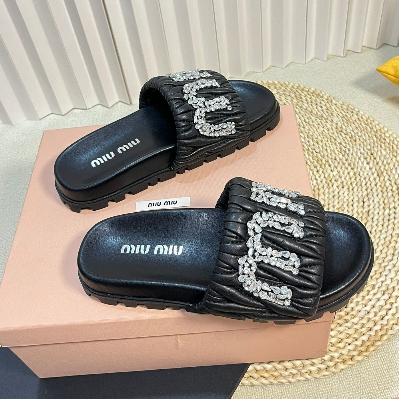 Black Sheepskin Diamond Slippers - 35