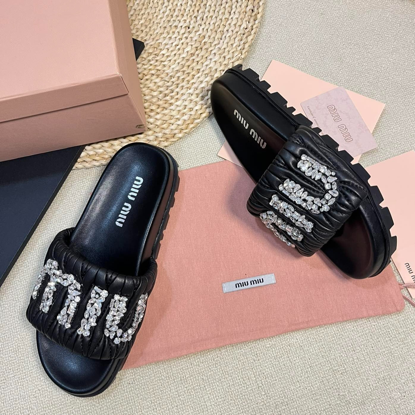 Black Sheepskin Diamond Slippers - 35