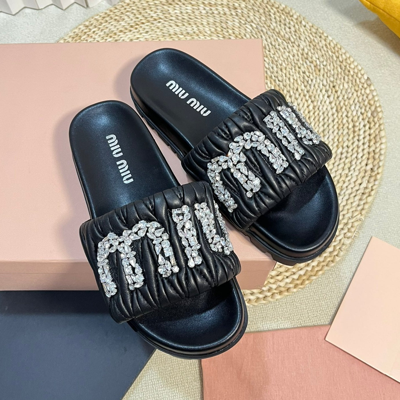 Black Sheepskin Diamond Slippers - 35