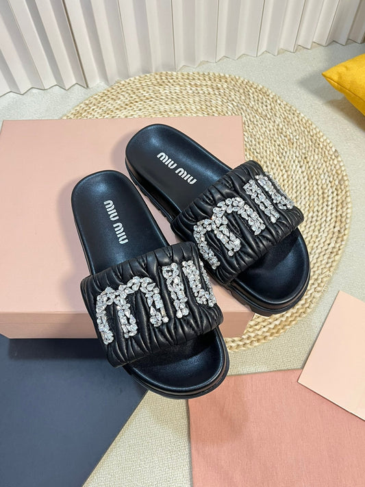 Black Sheepskin Diamond Slippers - 35