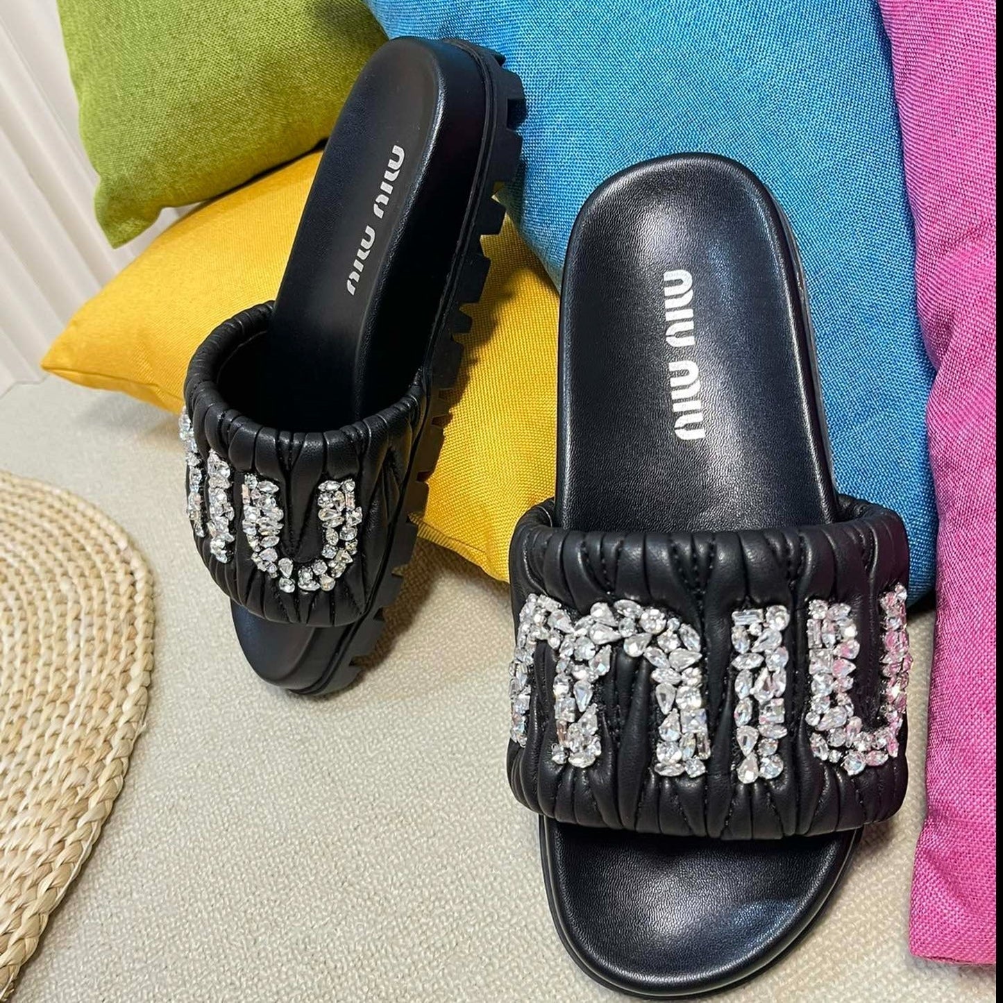 Black Sheepskin Diamond Slippers - 35