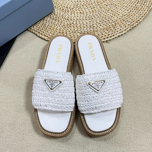 PRA WEDGE FLATFORM SLIDES WHITE RAFFIA - 35