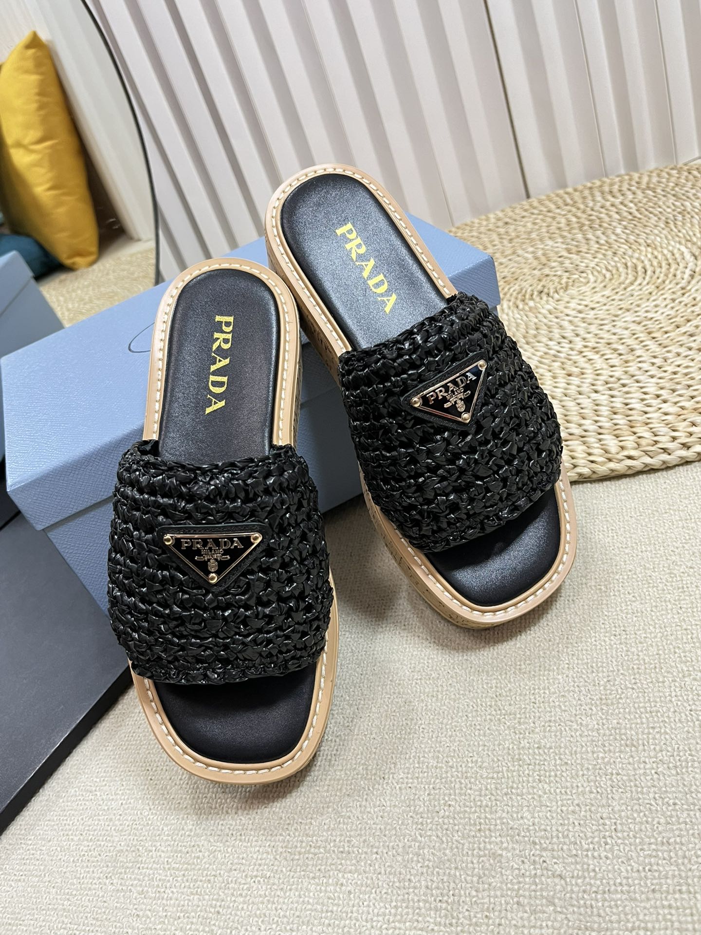 Crochet Flatform Slides 40 Lightweight Cork Sole Black - 35