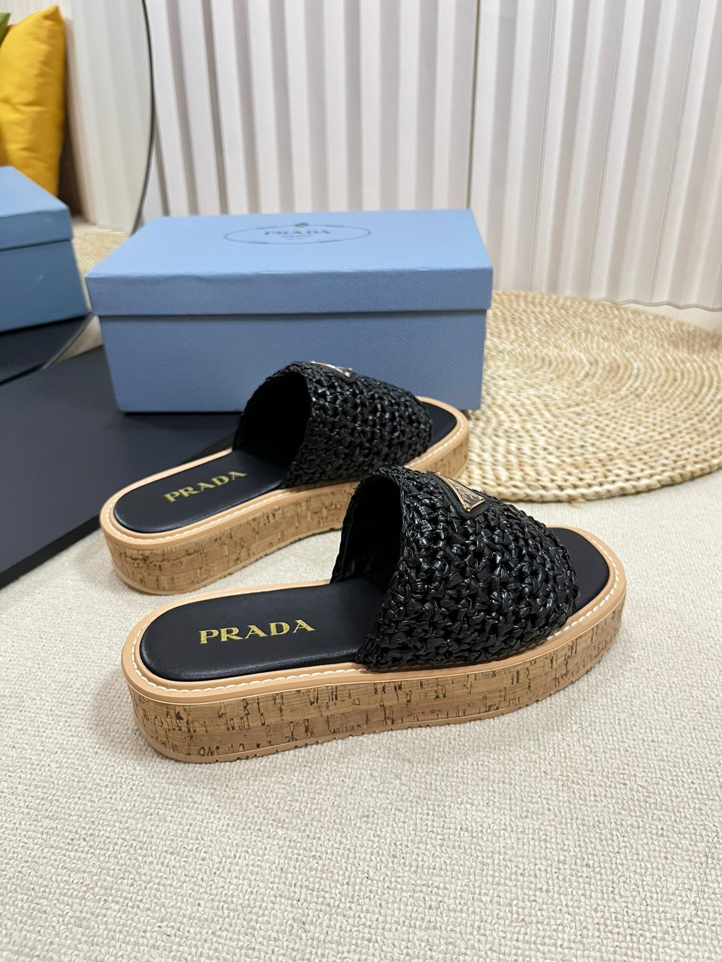PRA WEDGE FLATFORM SLIDES BLACK RAFFIA - 35