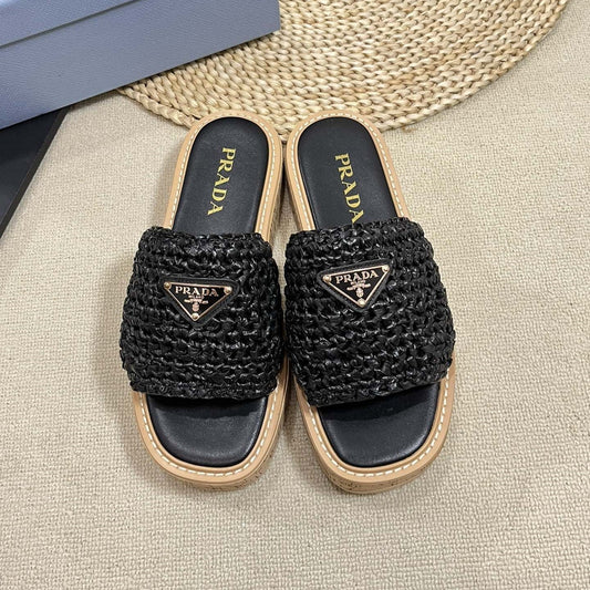 Crochet Flatform Slides 40 Lightweight Cork Sole Black - 35