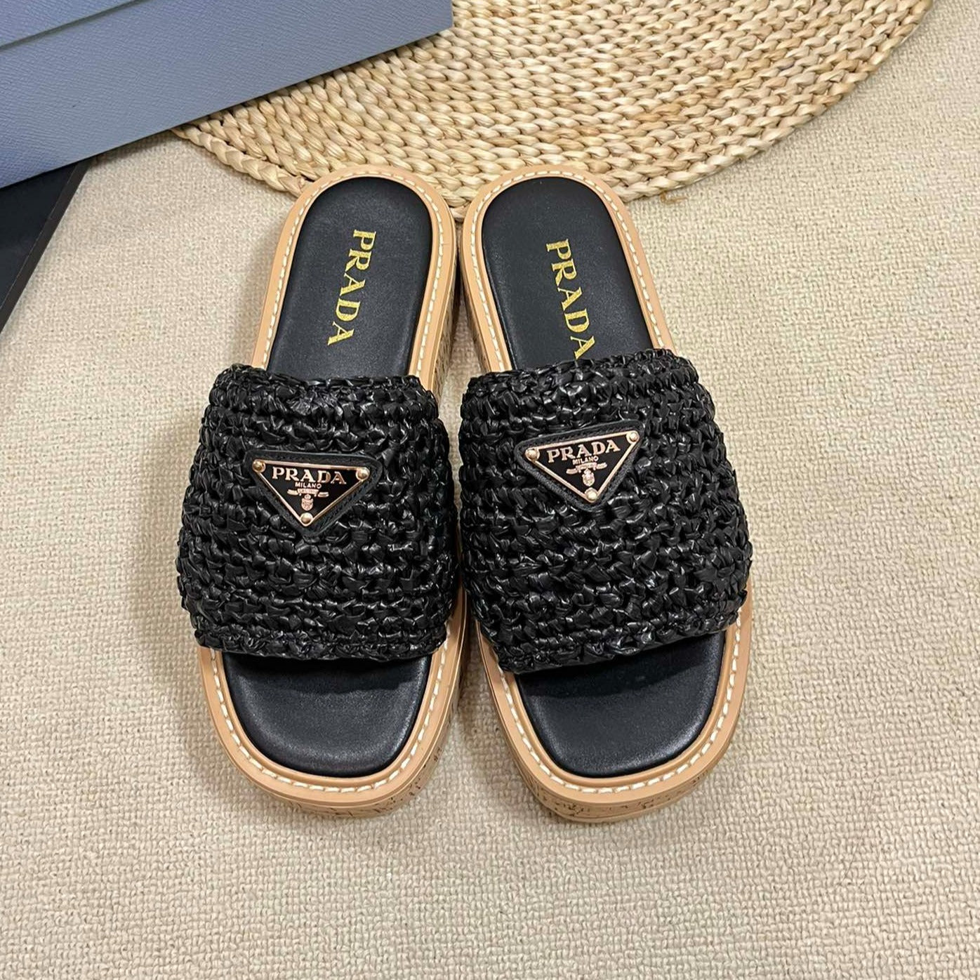 PRA WEDGE FLATFORM SLIDES BLACK RAFFIA - 35