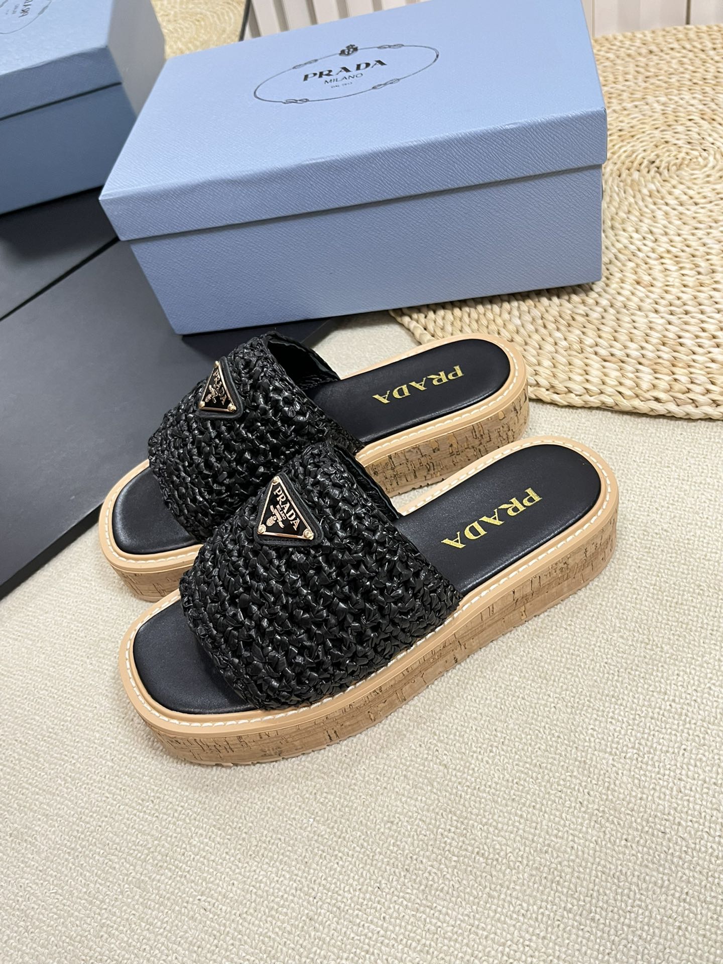 Crochet Flatform Slides 40 Lightweight Cork Sole Black - 35
