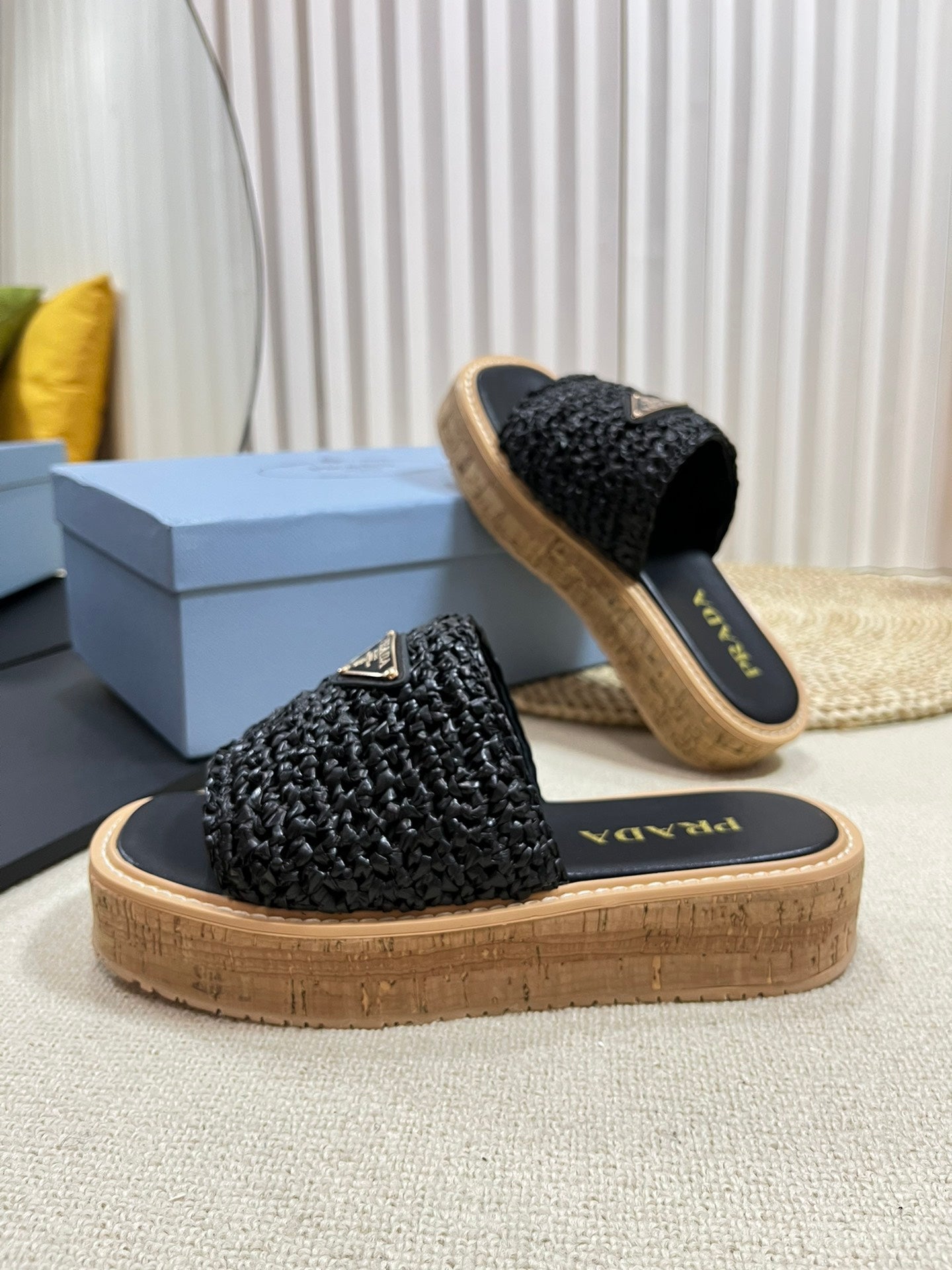 Crochet Flatform Slides 40 Lightweight Cork Sole Black - 35