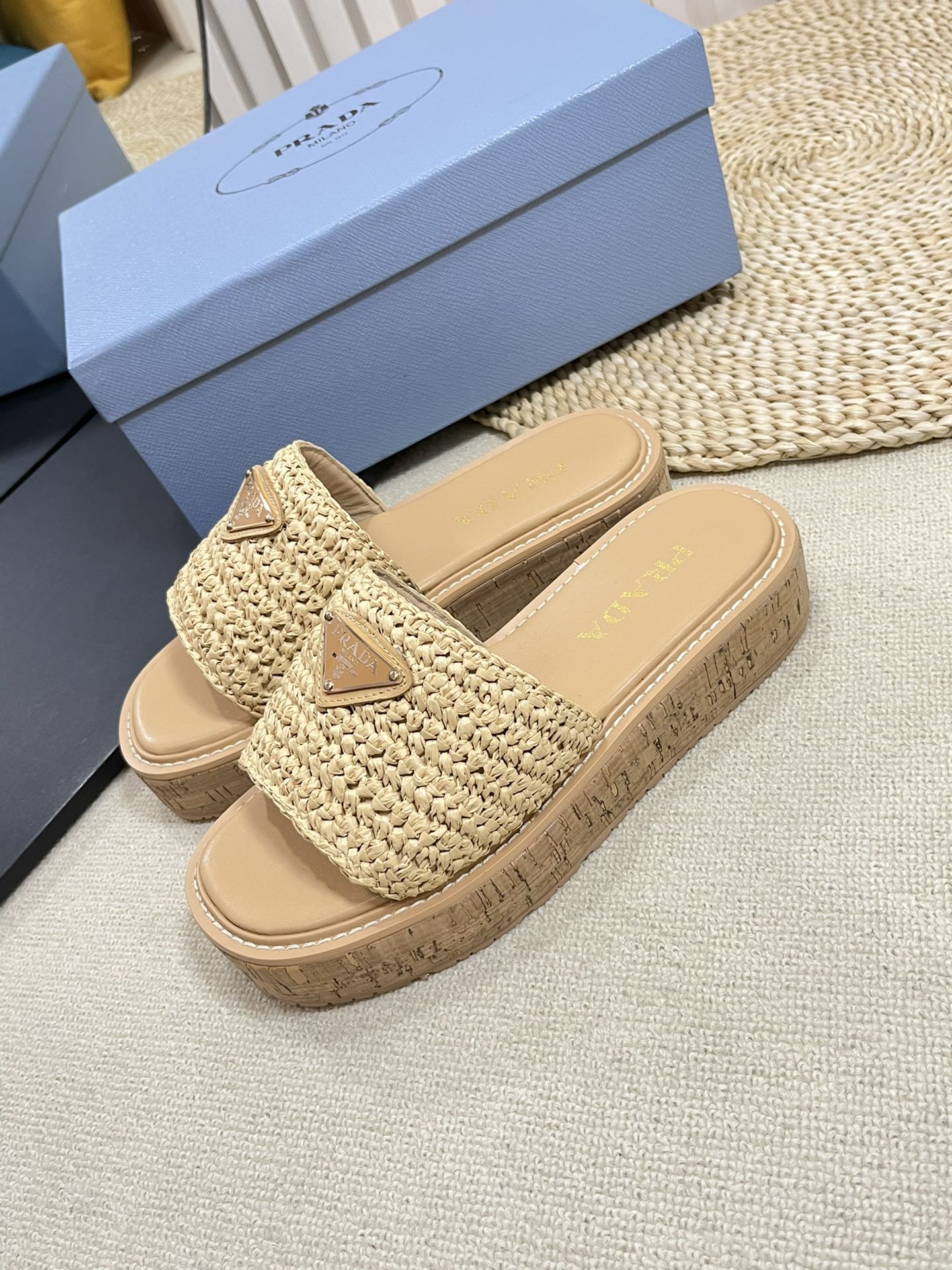 Crochet Flatform Slides 40 Lightweight Cork Sole Beige - 35