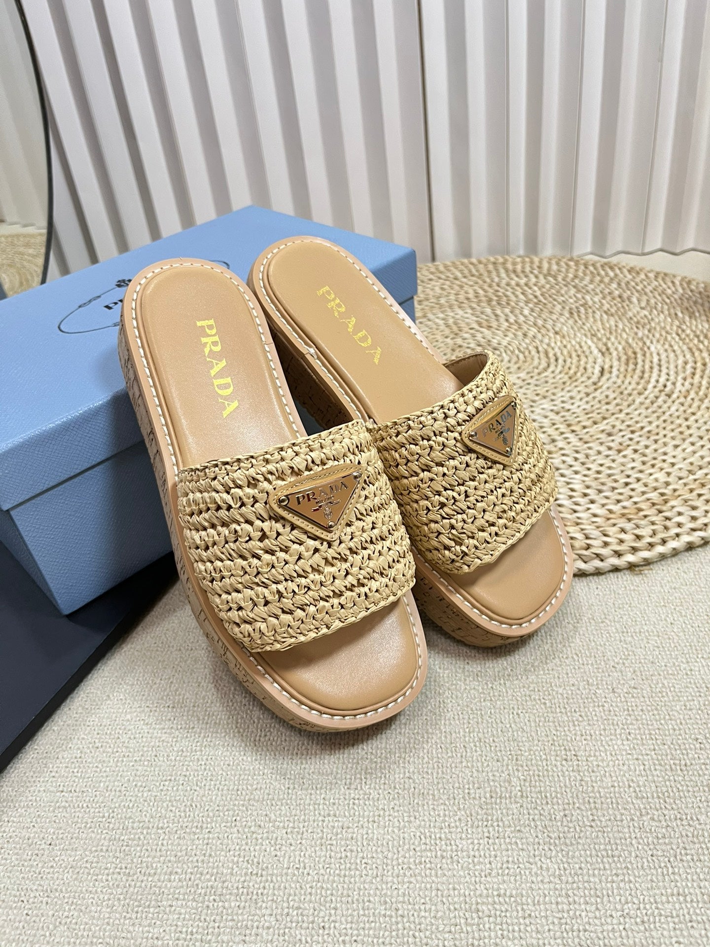 Crochet Flatform Slides 40 Lightweight Cork Sole Beige - 35