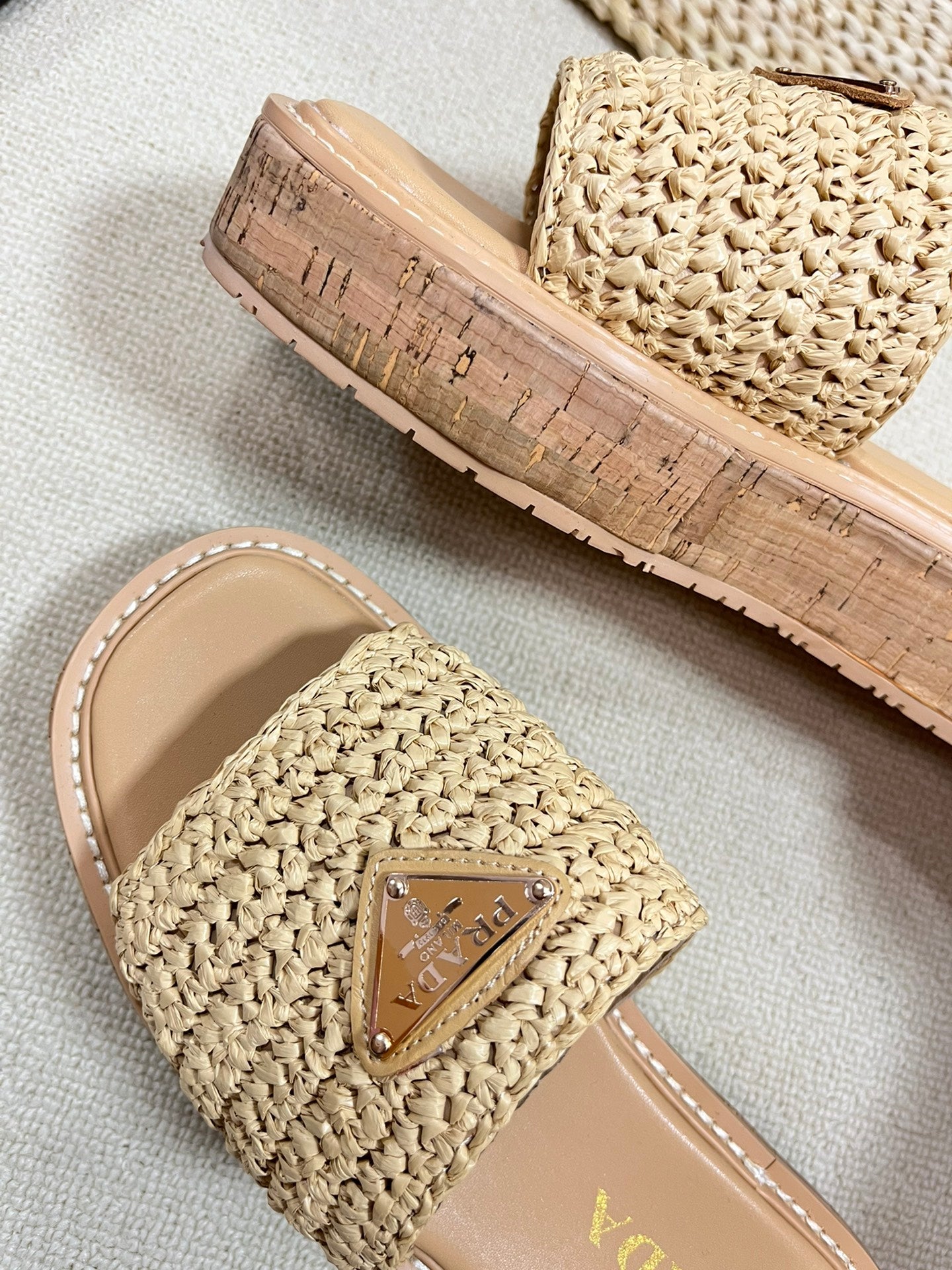 Crochet Flatform Slides 40 Lightweight Cork Sole Beige - 35