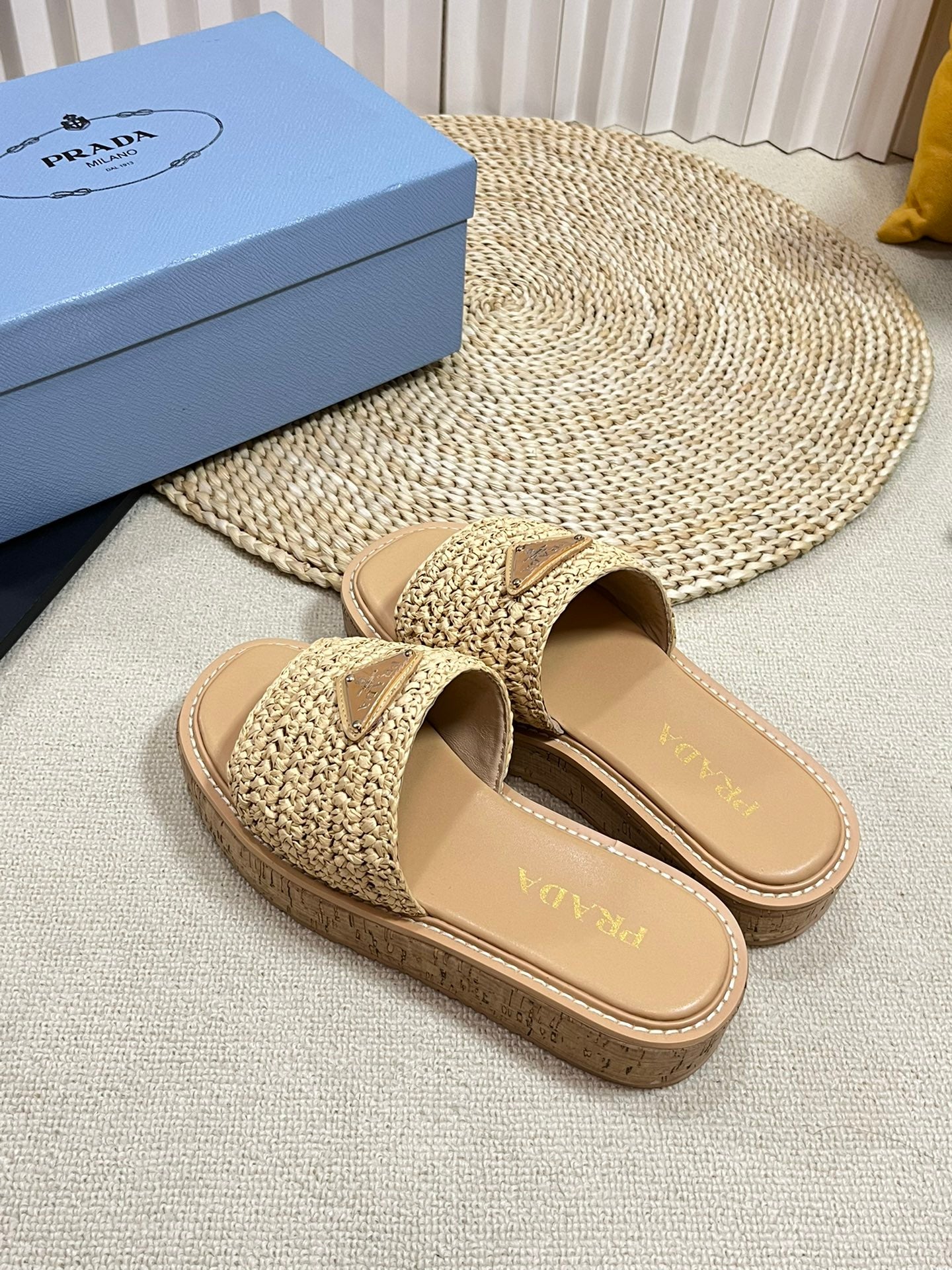 Crochet Flatform Slides 40 Lightweight Cork Sole Beige - 35