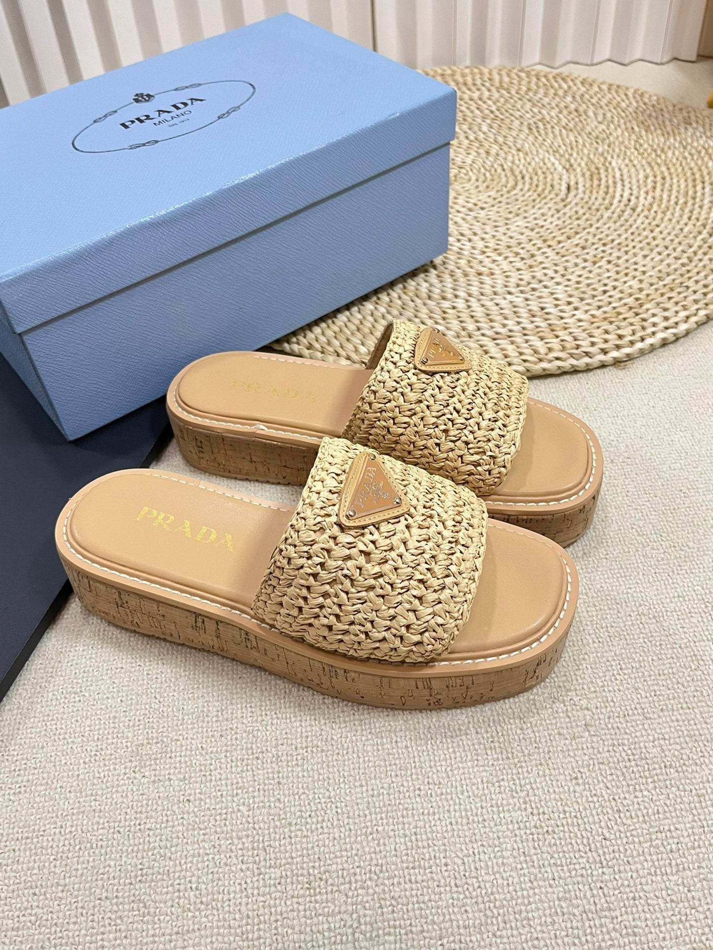 Crochet Flatform Slides 40 Lightweight Cork Sole Beige - 35