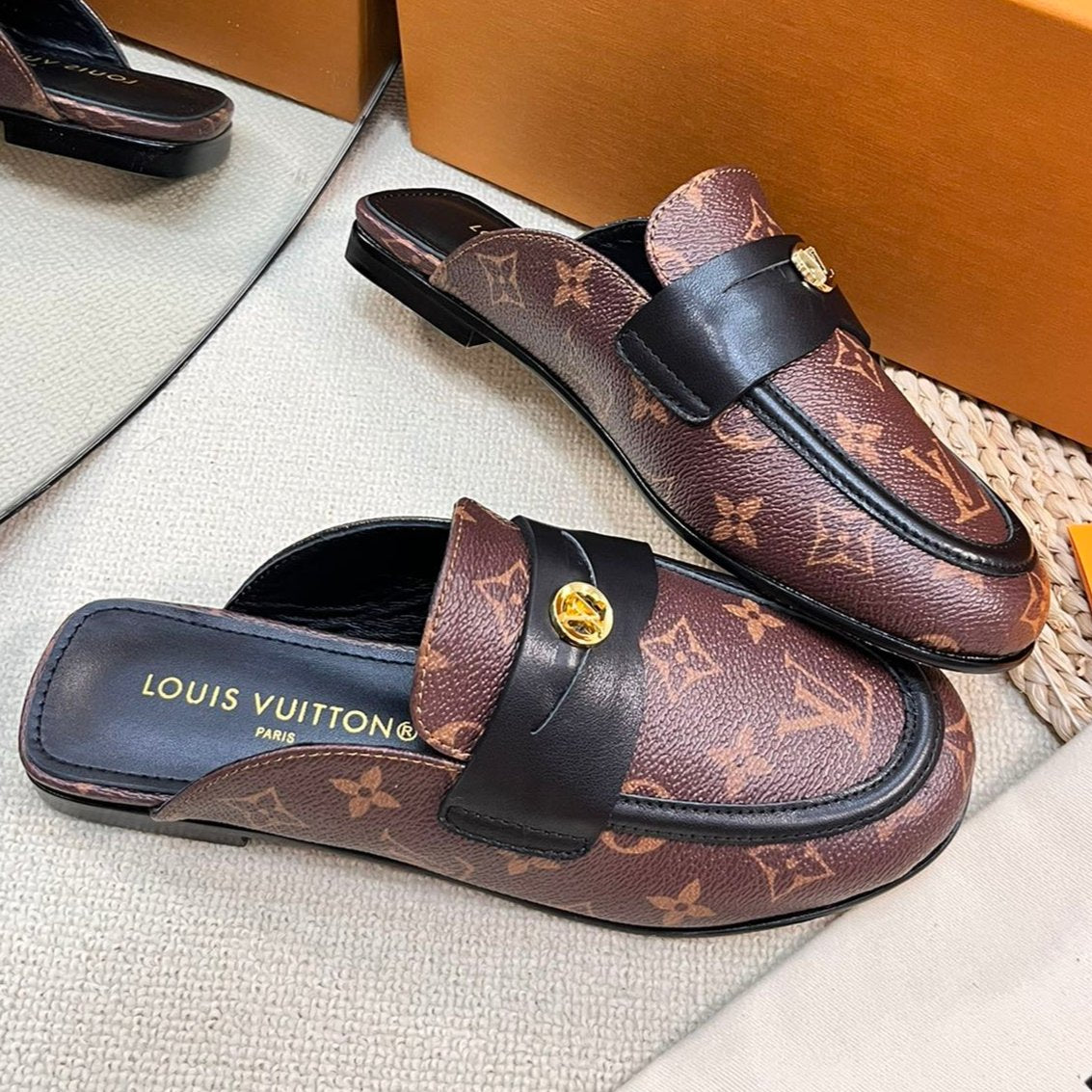 LV CAPRI OPEN BACK LOAFERS IN CHESTNUT BROWN MONOGRAM CALFSKIN - 35