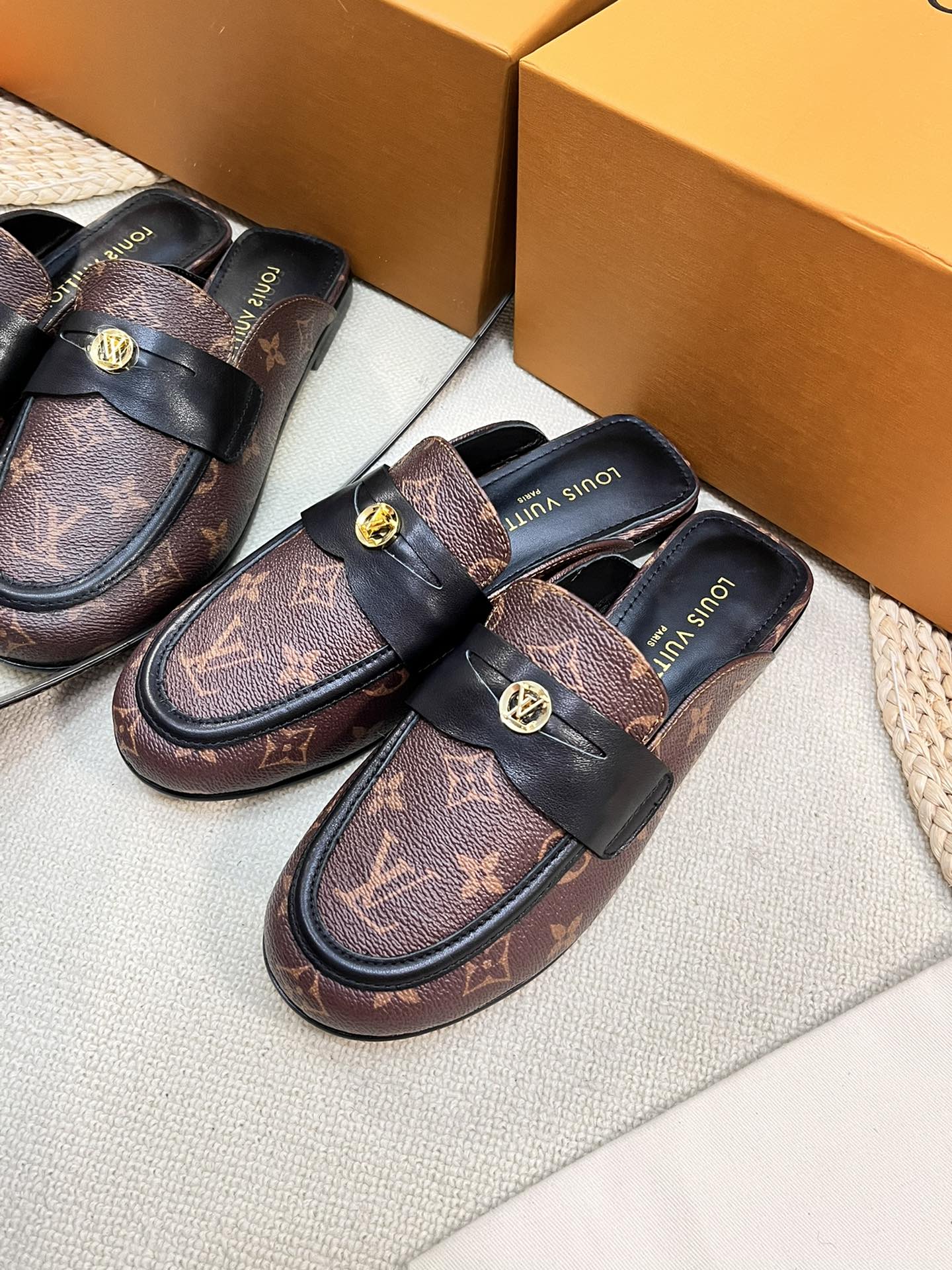 LV CAPRI OPEN BACK LOAFERS IN CHESTNUT BROWN MONOGRAM CALFSKIN - 35